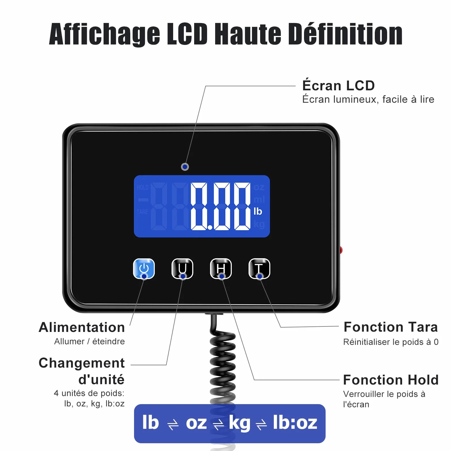 Balance Colis Numérique 300kg/20g avec Fonction Hold/Tare, Écran LCD Externe, Professionnelle pour Industrie et Entreprise