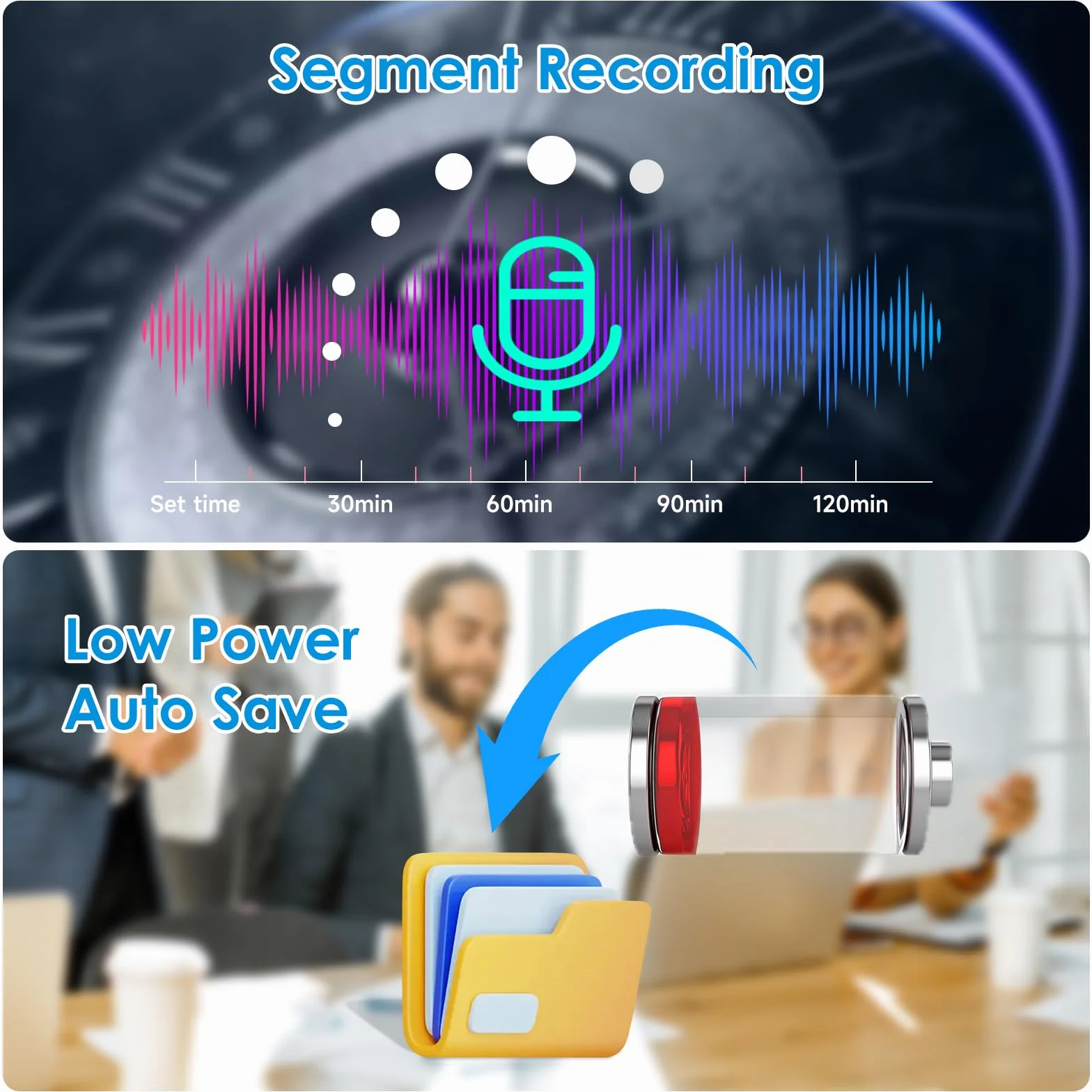 Dictaphone Enregistreur Vocal 64 Go, Numérique Une Touche, 1536 kbps, Réduction de Bruit, Activation Vocale