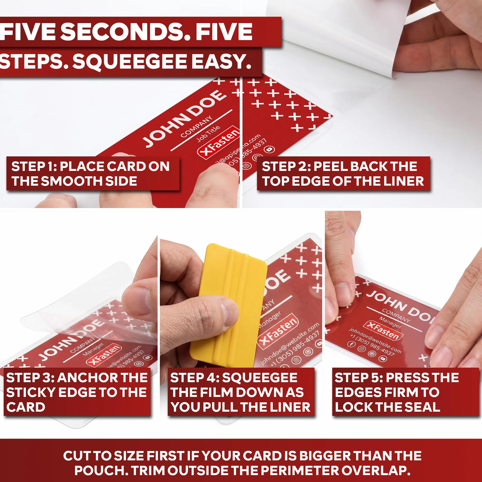 XFasten Pochettes de Plastification Auto-Adhésives 9,5 mm pour Cartes de Visite, Lot de 25