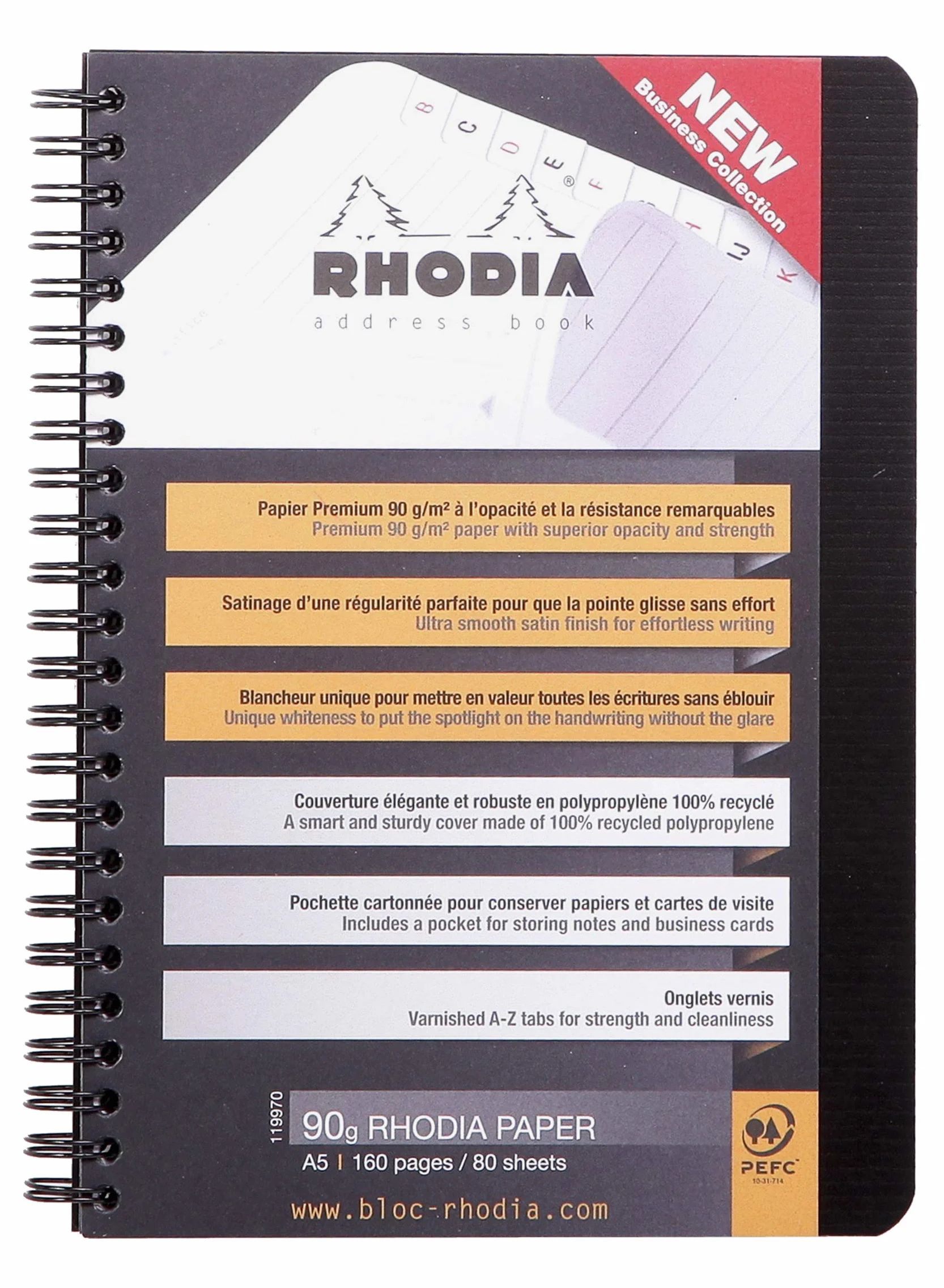 Rhodia 119970C Carnet d'Adresses A5 14,8 x 21 cm 160 pages Papier Clairefontaine 90 g/m² Noir