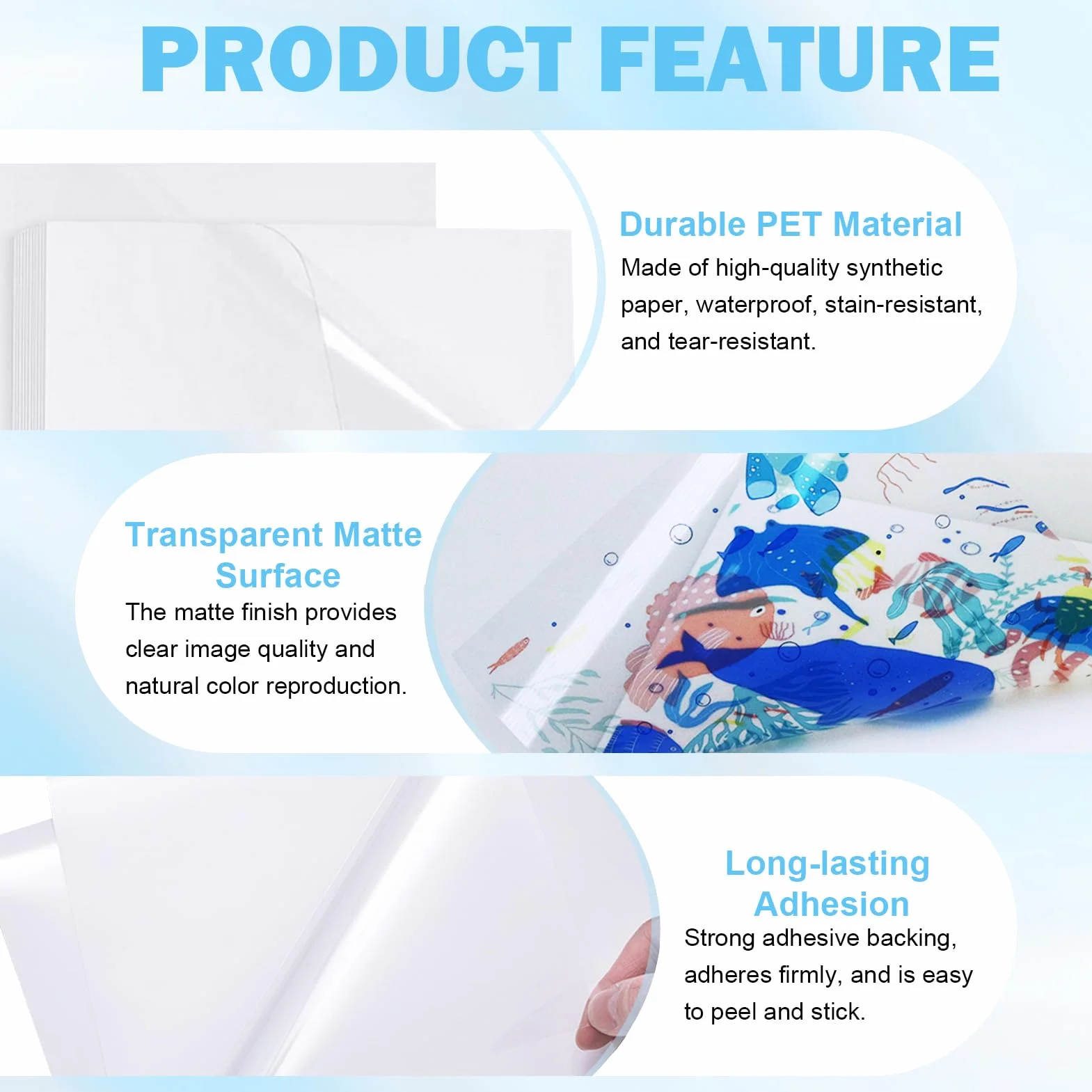 Papier Autocollant Transparent Imprimable A4 Vinyle 30 Feuilles 297x210 mm pour Imprimante Laser et Jet d'Encre