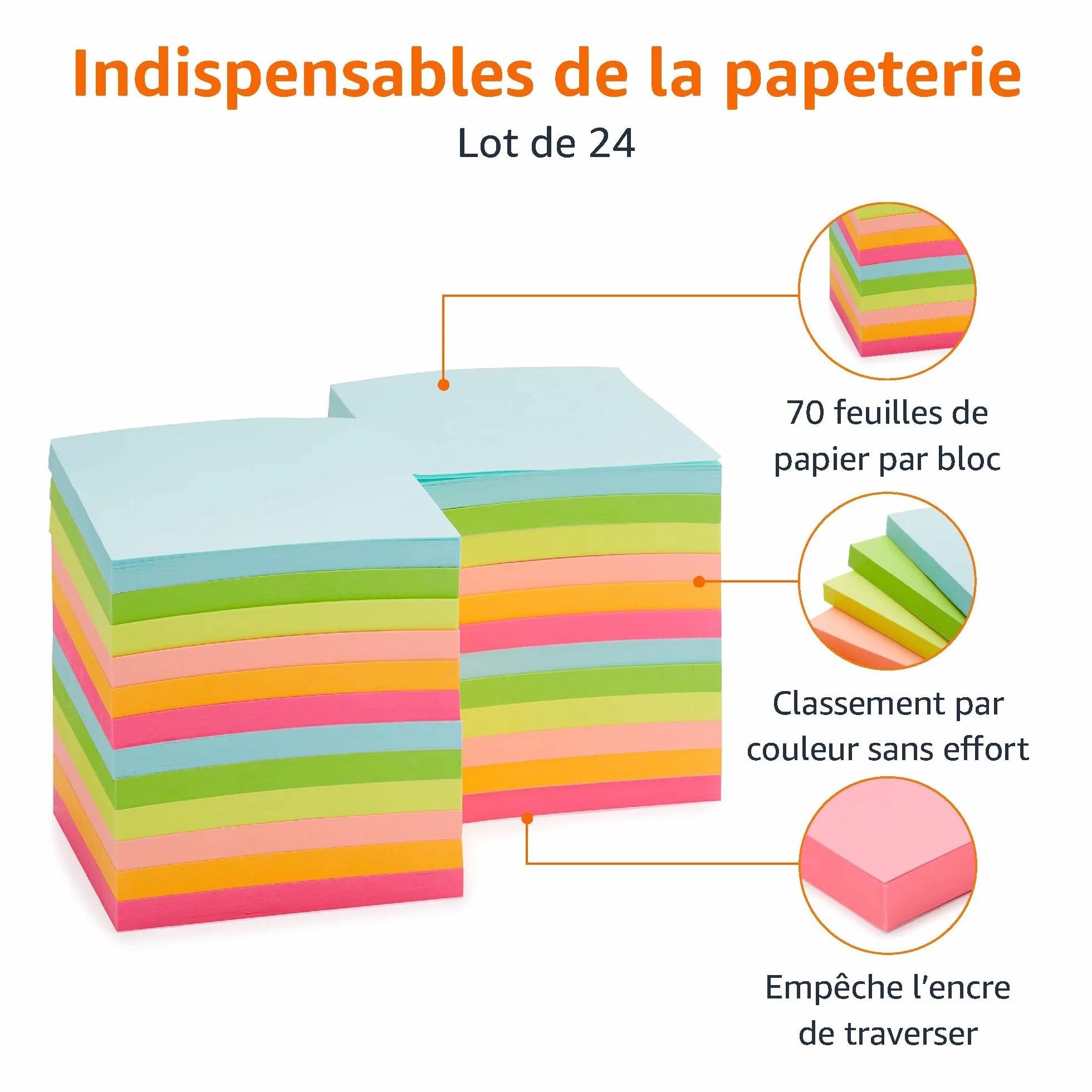 Amazon Basics blocs de notes adhésives repositionnables 7,6 x 7,6 cm Lot de 24 couleurs assortiment