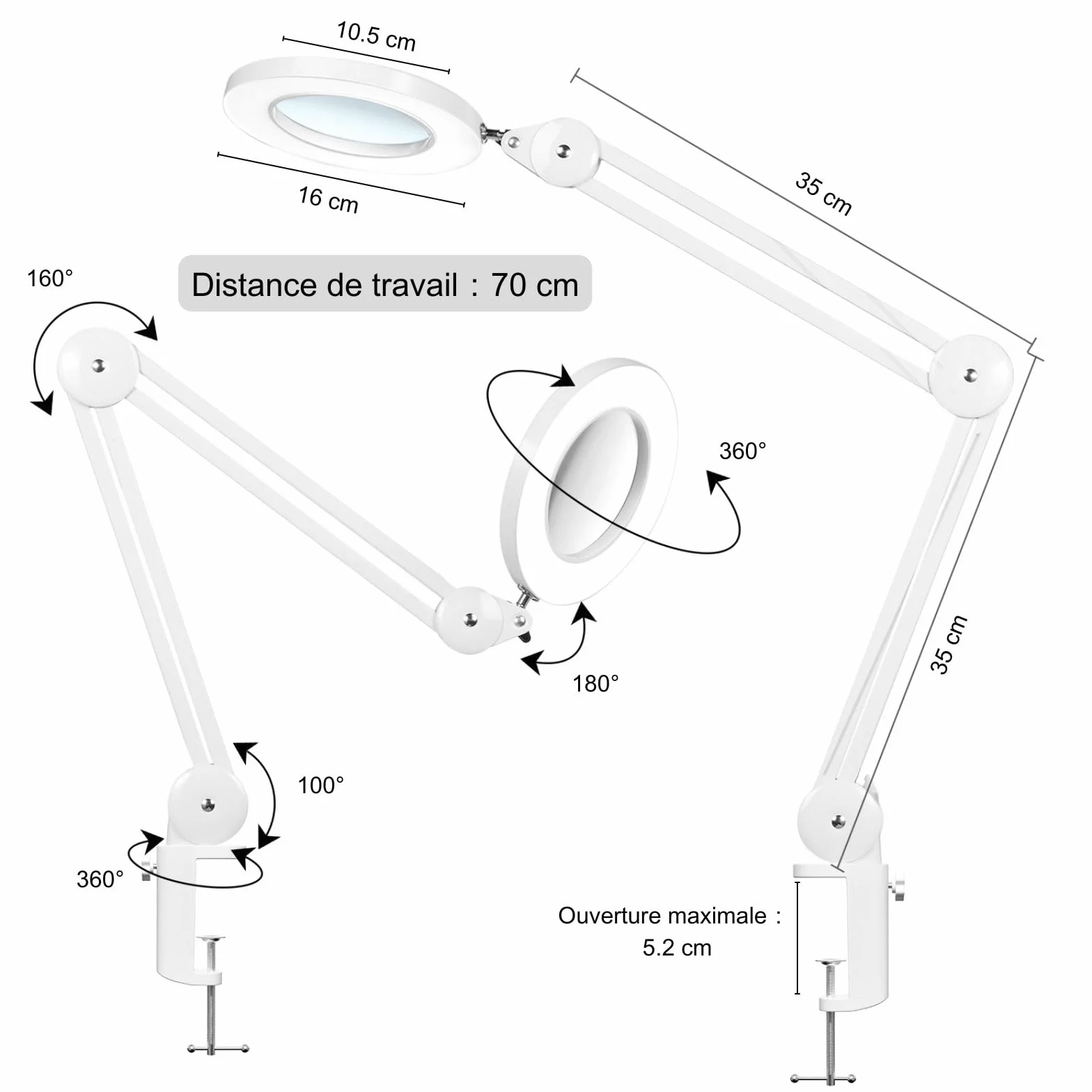 Lampe Loupe LED 5 Dioptries Lumière Travail Lentille Verre 105 mm Bras Pivotant Pince Table Dimmable 3 Températures