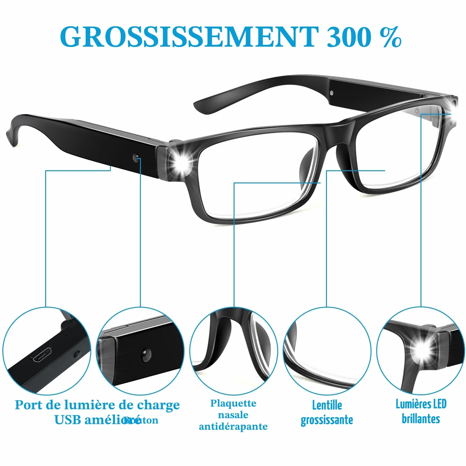 Lunettes Grossissantes 300% avec Lumière LED Rechargeables USB Mains Libres