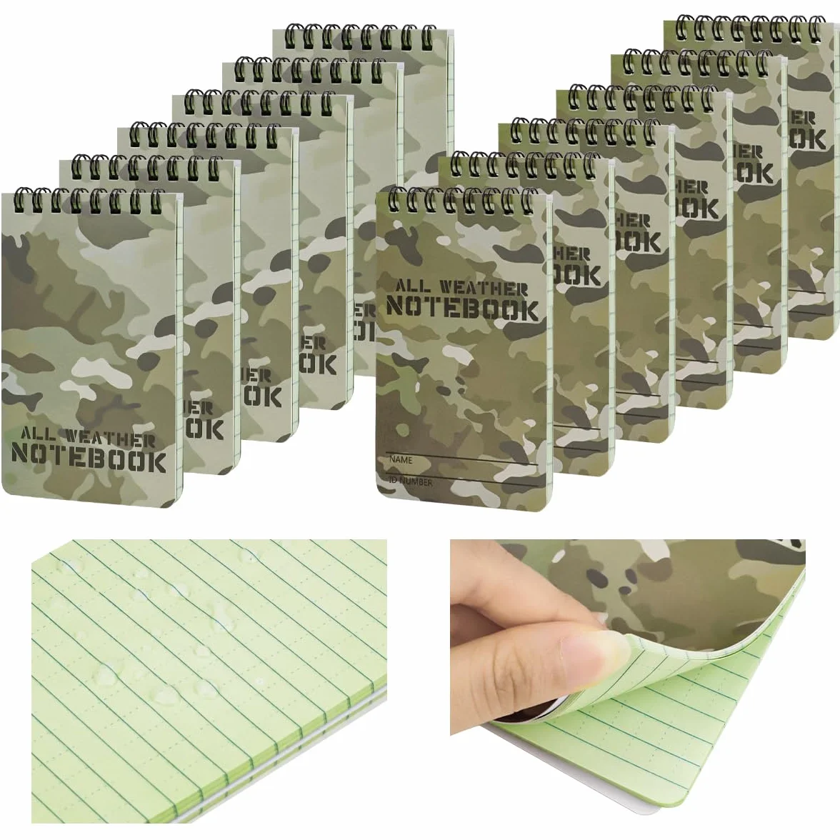 Carnets Étanches A7 Mini Cahiers à Spirale, All Weather Notebooks Bloc-notes, Aqua Notes pour Plein Air, Format de Poche (Camouflage)