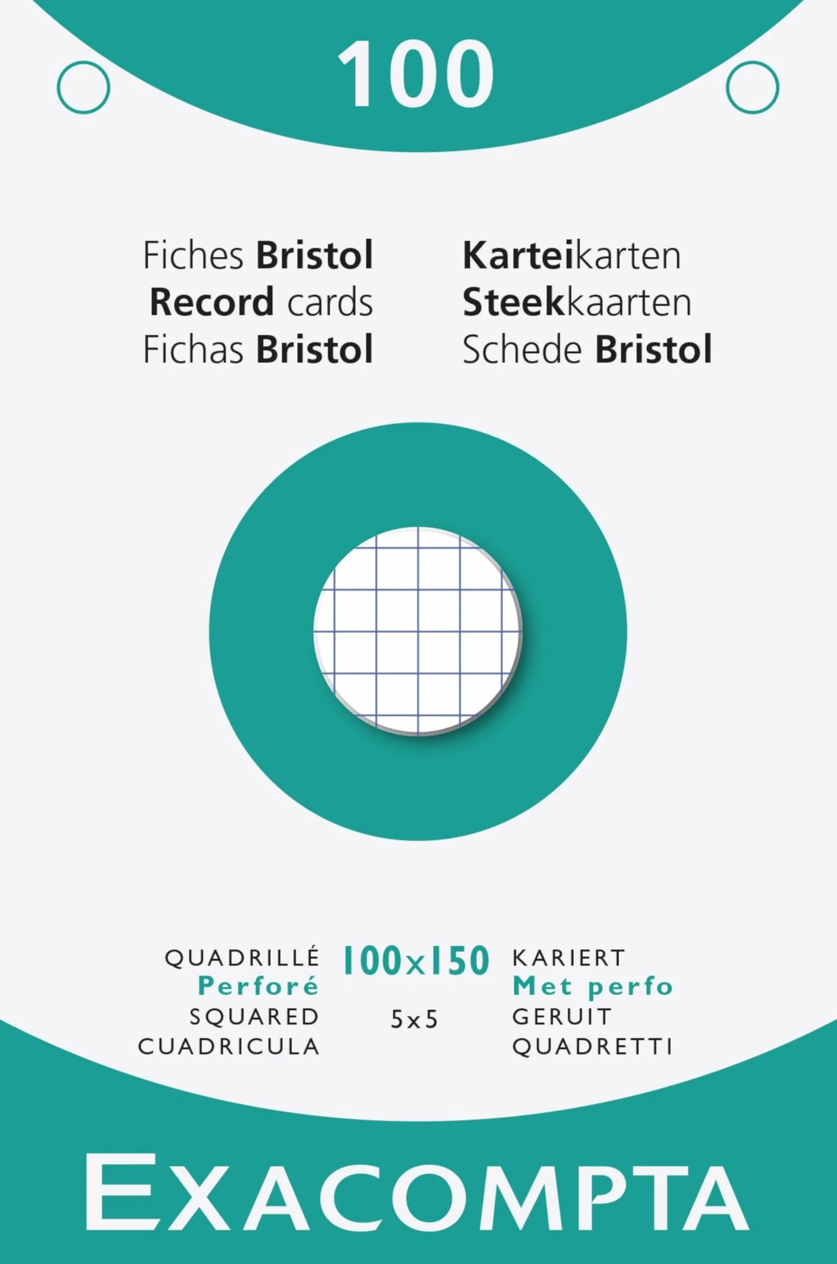 Exacompta Pack Classeur 3 Étuis 100 Fiches Bristol Quadrillées 5x5 Perforées 100 x 150 mm Compatible Imprimante Jet d'Encre Laser Photocopieur Blanc