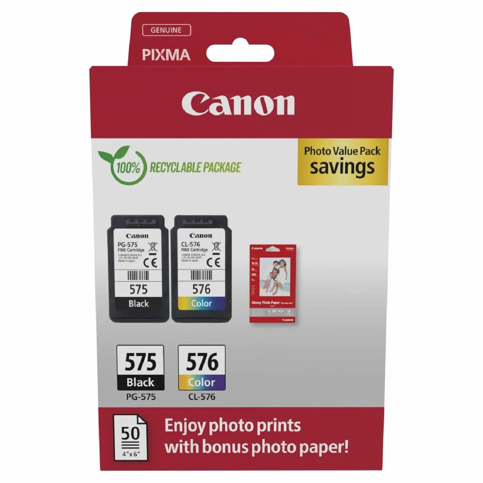 Canon PG-575 CL-576 Lot de 2 Cartouches d'encre Authentiques Noir Couleur avec Papier Photo 4x6