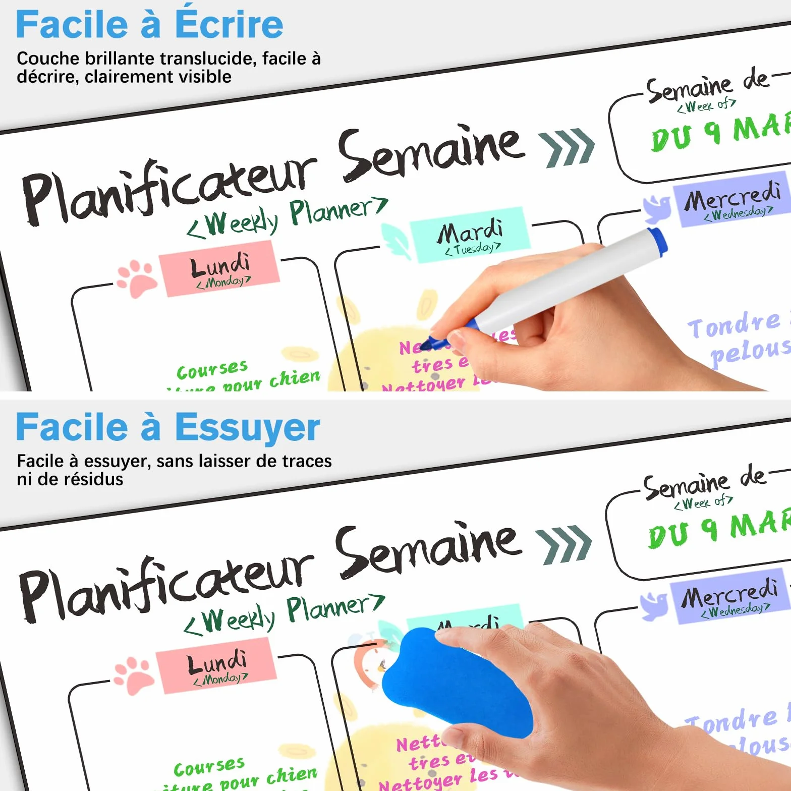 Calendrier Magnetique Frigo 4 Pièces Planificateurs Mensuels Magnétiques Effaçables Tableau Menu Semaine Liste de Courses