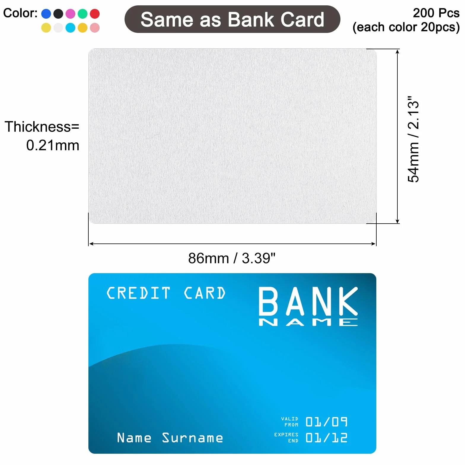 QUARKZMAN 200 Pièces Cartes de Visite Métal Aluminium Anodisé 86x54x0.21mm Gravure Laser Diy Multicolore