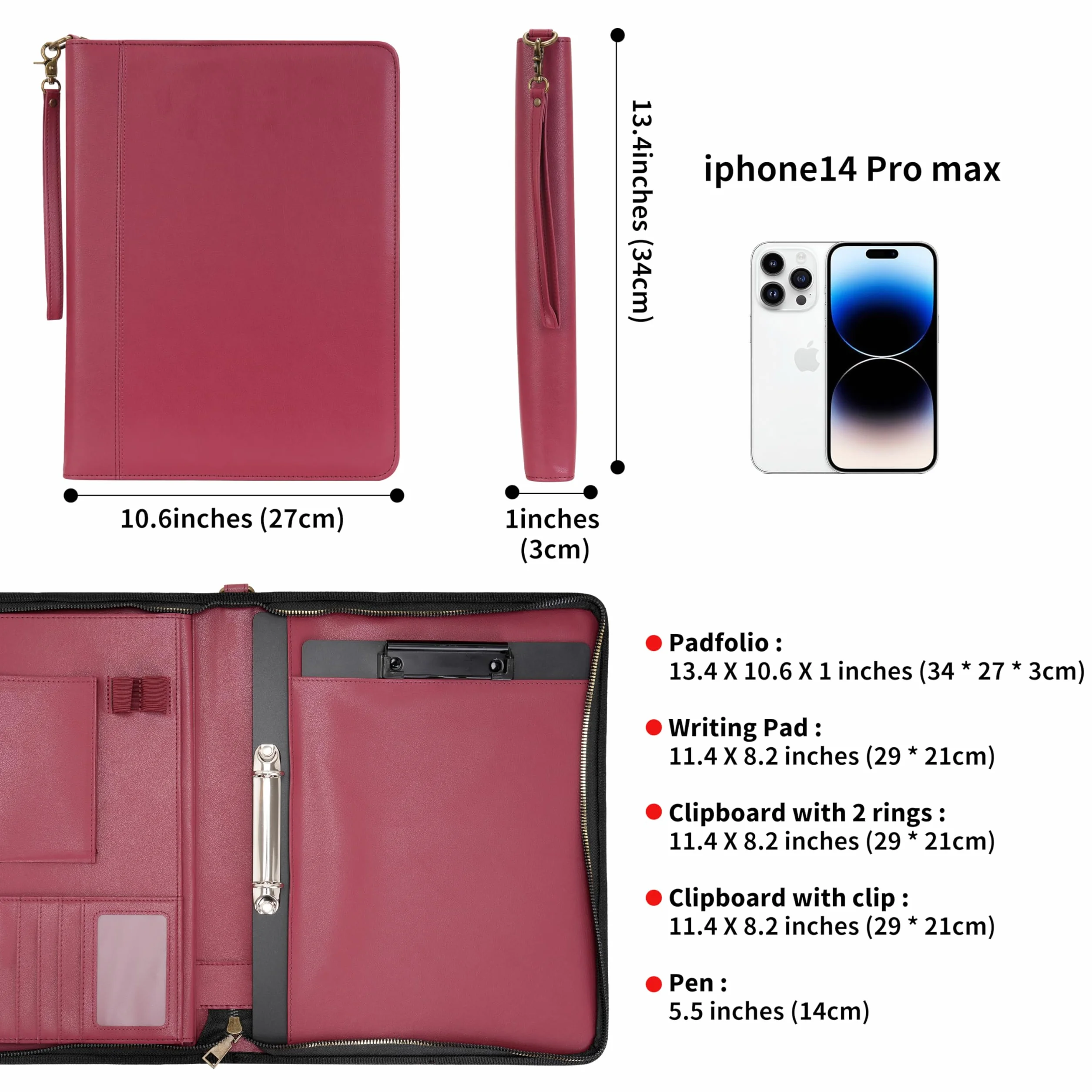 Wason Porte-documents A4 Cuir PU Fermeture Éclair Padfolio Classeur Anneaux Détachable Support Bloc-Notes Organiseur Conférence Rouge