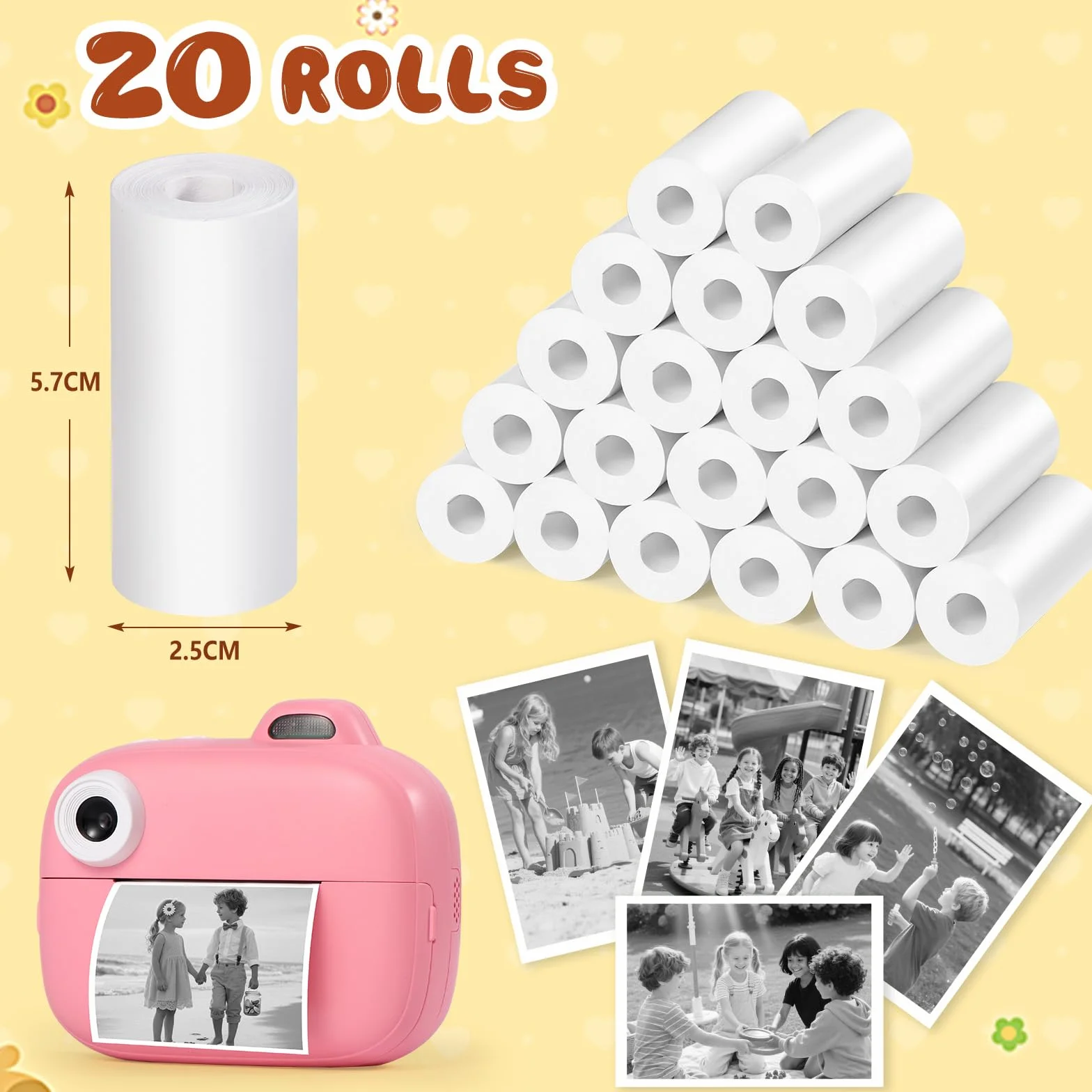 Diboniur Papier Thermique Appareil Photo Enfant 20 Rouleaux Rechange Largeur 5.7cm