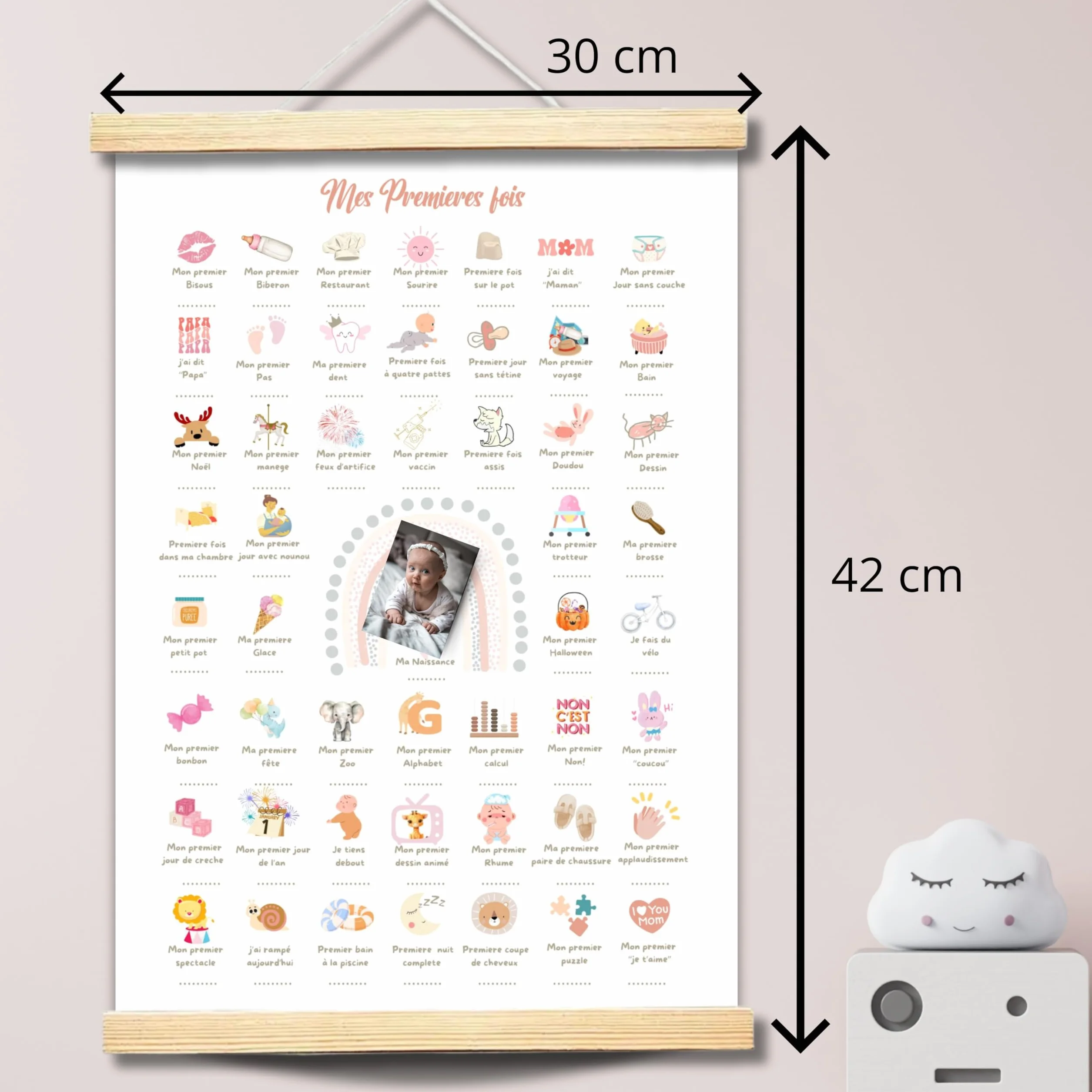 Affiche Souvenir Premières Étapes Bébé, 60 Moments Précieux, Papier Premium 350g