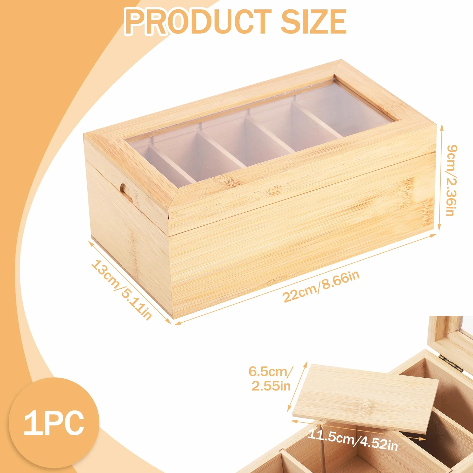 Boîte à Fiches en Bois avec Couvercle Transparent 5 Compartiments Ajustables 22x13x9 cm pour Fiches A7
