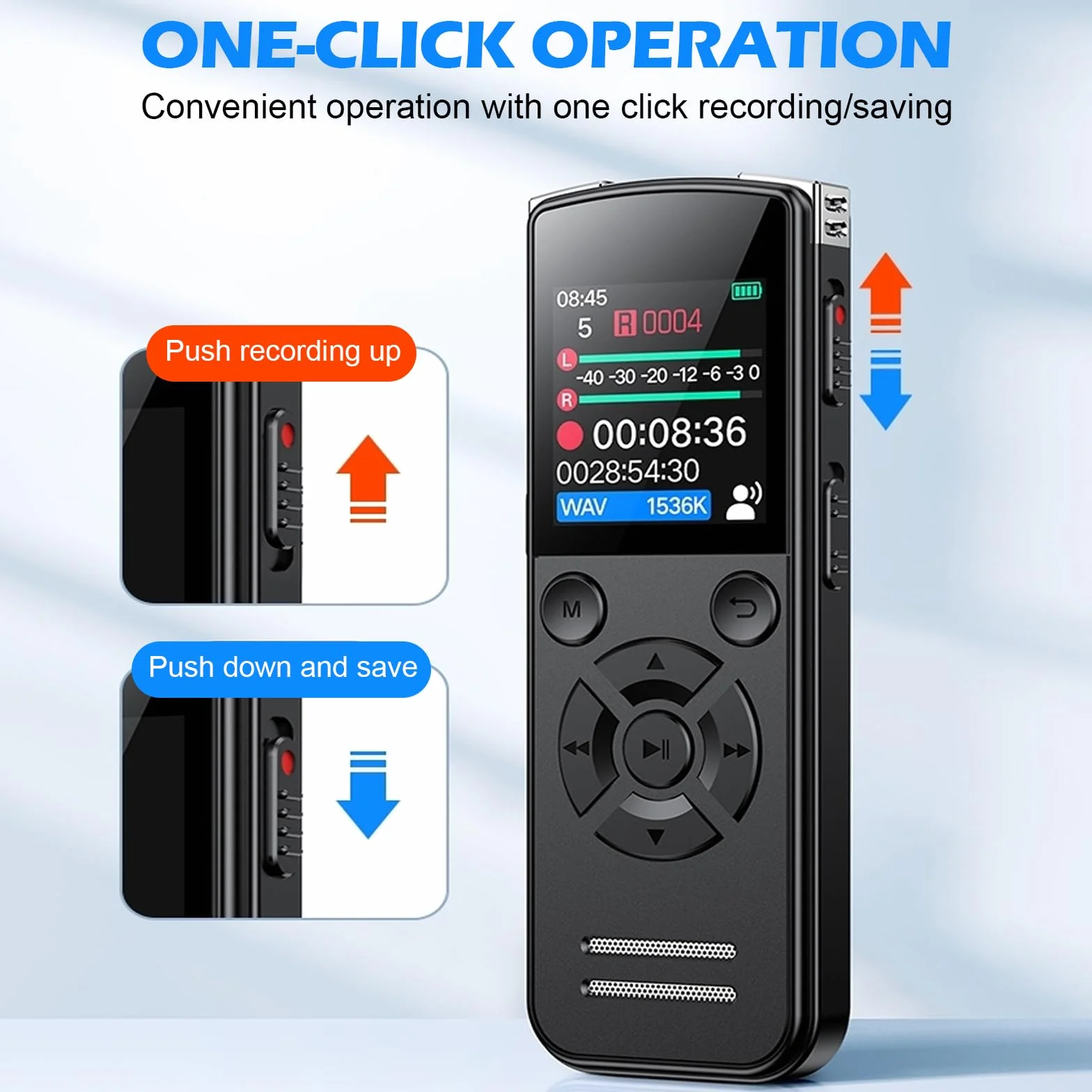 Dictaphone Enregistreur Vocal 64 Go Mini Audio Numérique 1536 Kbps Écran TFT USB-C Rechargeable