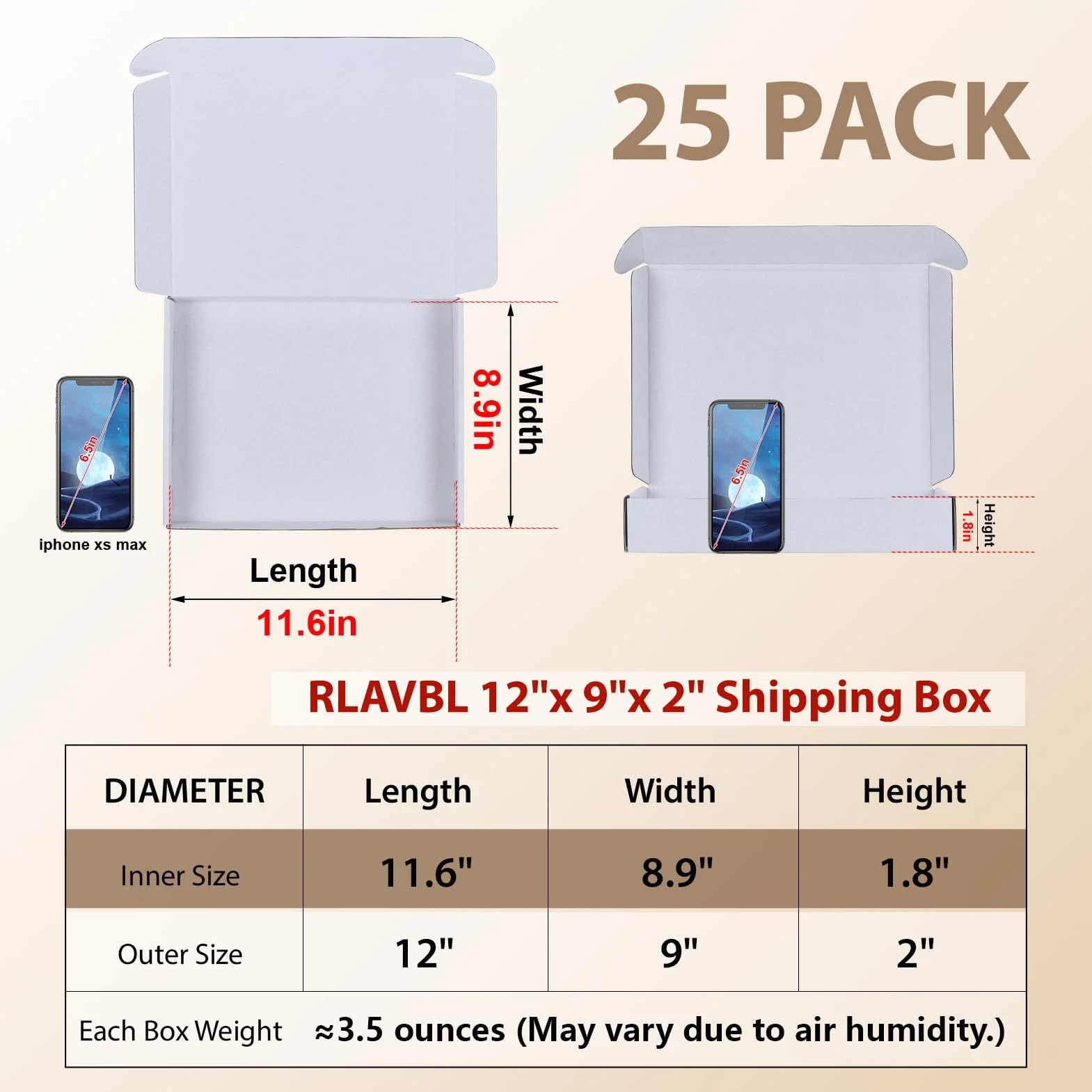 Carton Emballage Colis 30.5x22.9x5.1 cm 25 Boîtes Blanches d'Expédition avec Autocollants