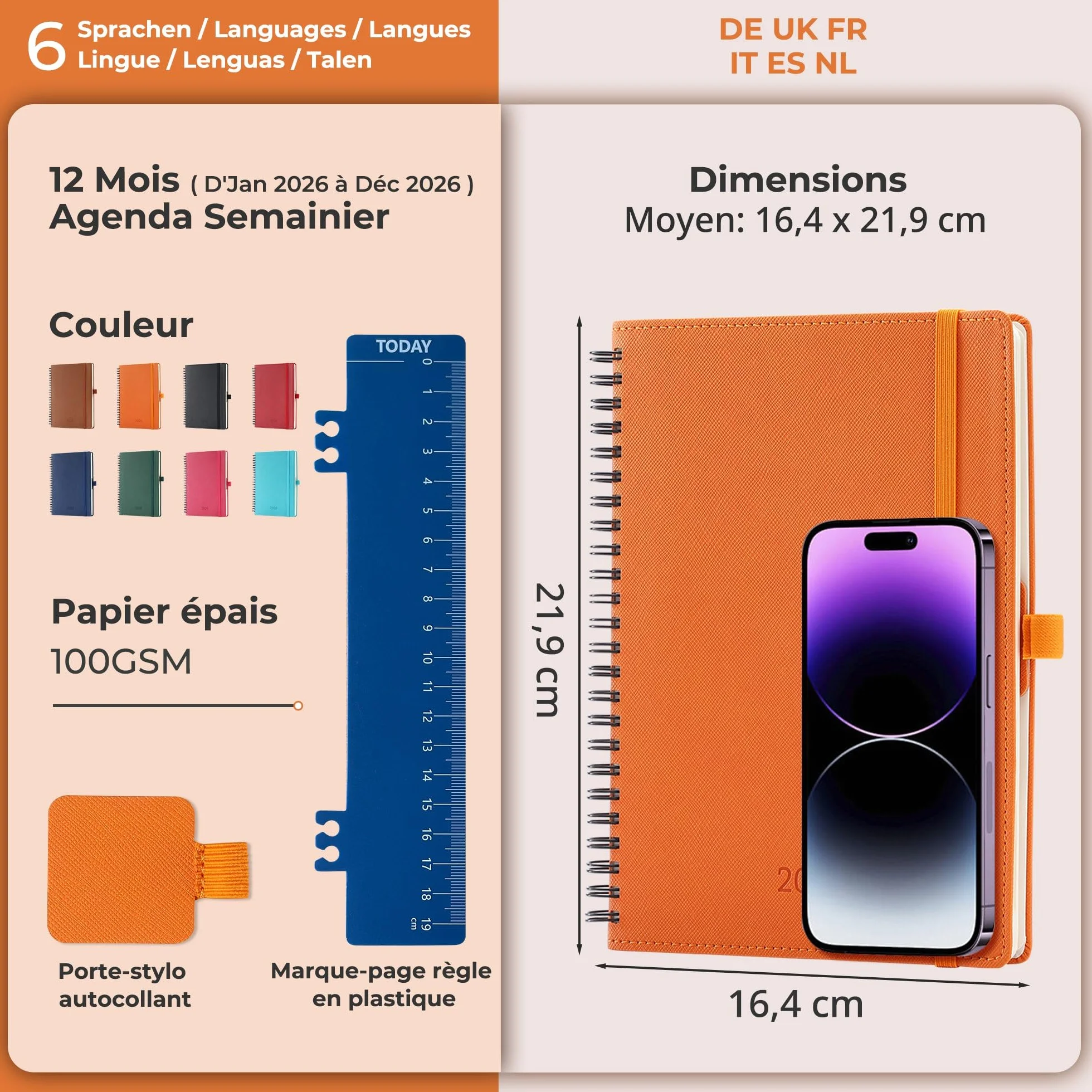 Agenda Semainier 2026 A5 21,9x16,4 cm Spirale Planificateur Hebdomadaire 12 Mois Papier 100GSM Couverture PU Cuir Orange