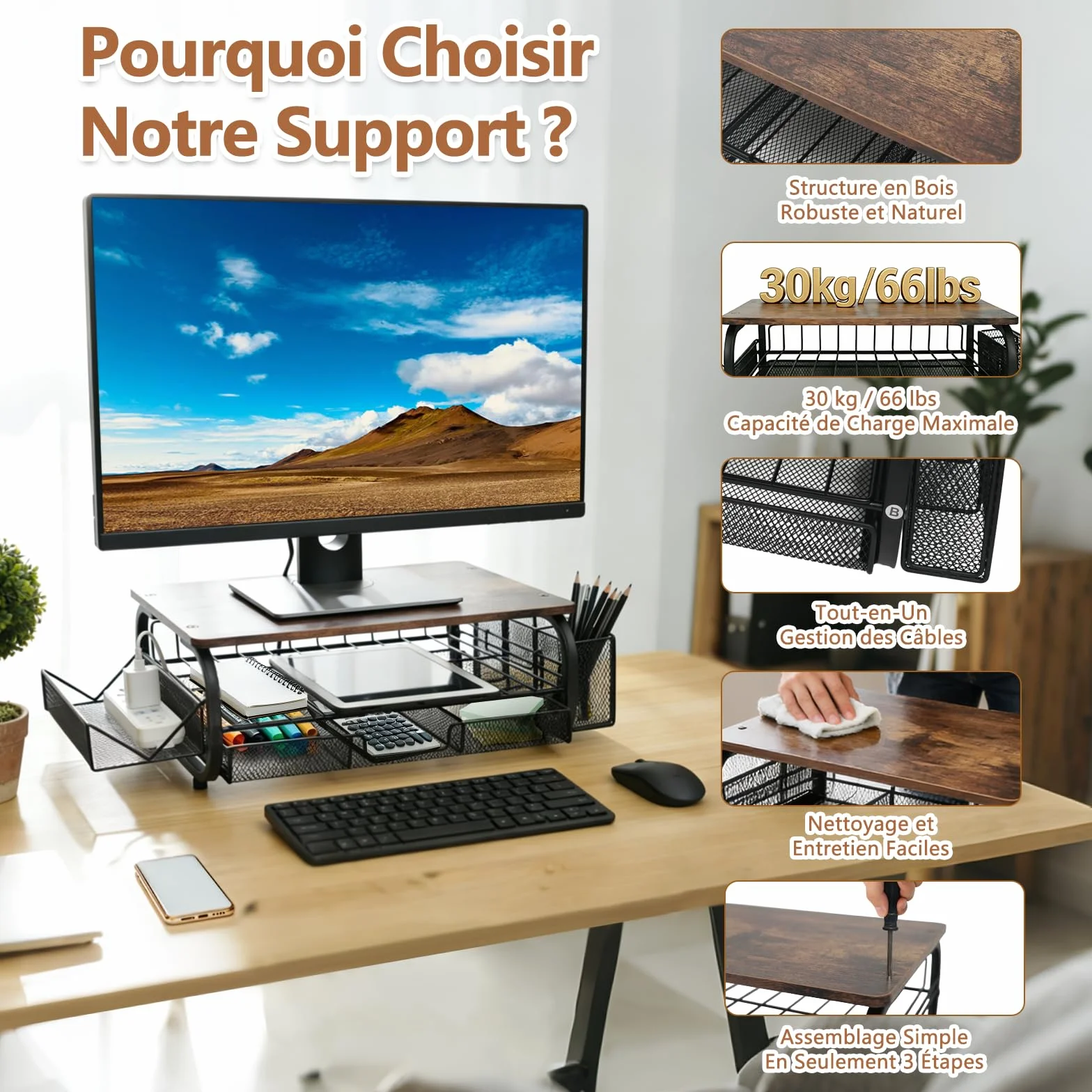 Support d'Écran Vintage 30kg/66lbs - Élévateur Ergonomique Multifonction pour Bureau avec Plateau et Attaches Câbles - Brun Rétro