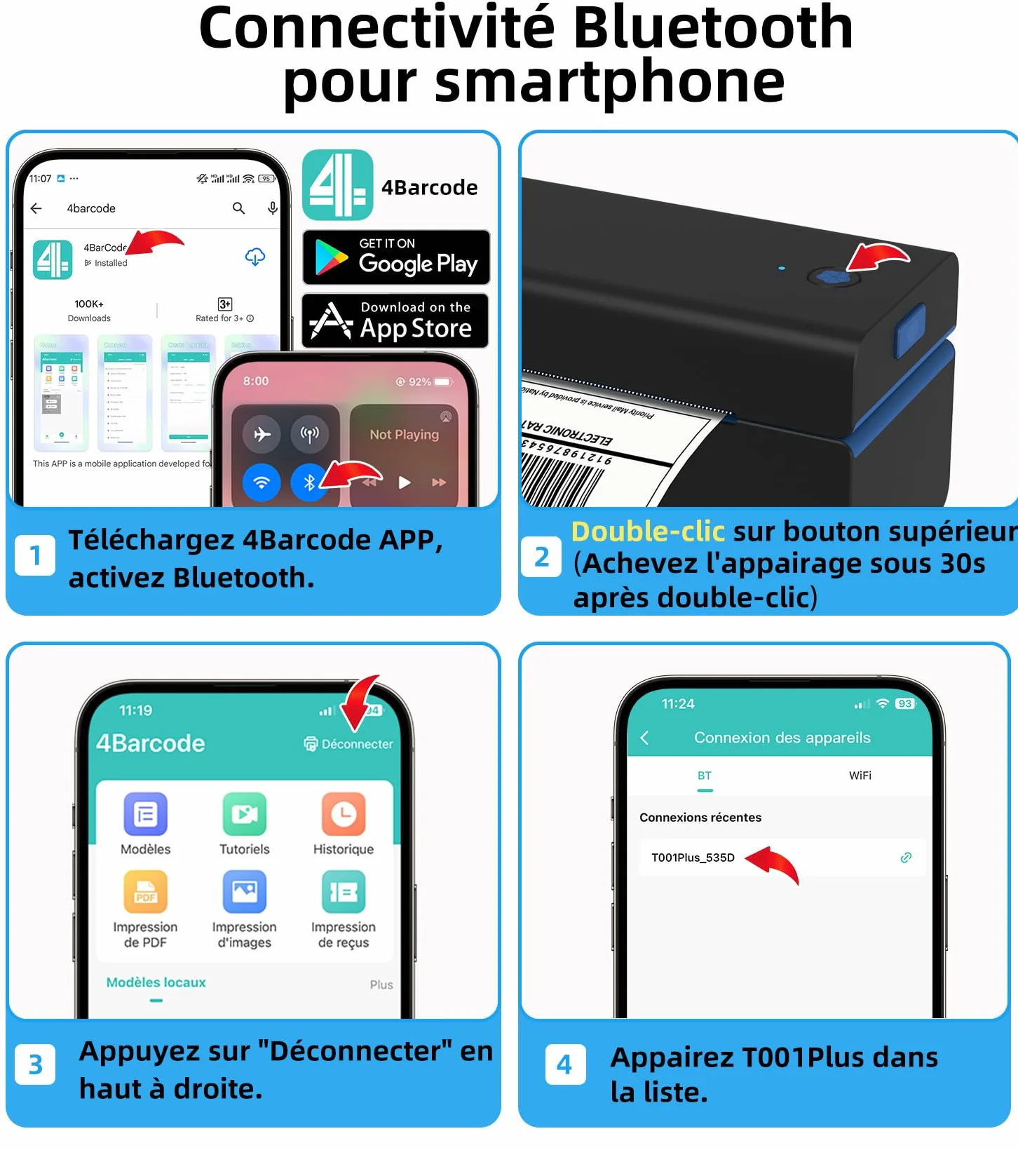 ORGSTA T001 Imprimante étiquettes autocollante 10x15 cm Bluetooth Wireless Thermique