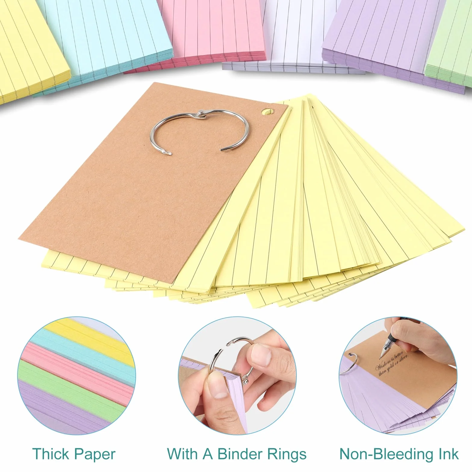 300 pièces Fiches de Révision, Flash Cards avec Anneaux de Reliure, Couverture Kraft, 12,8x7,8cm pour Étudiant