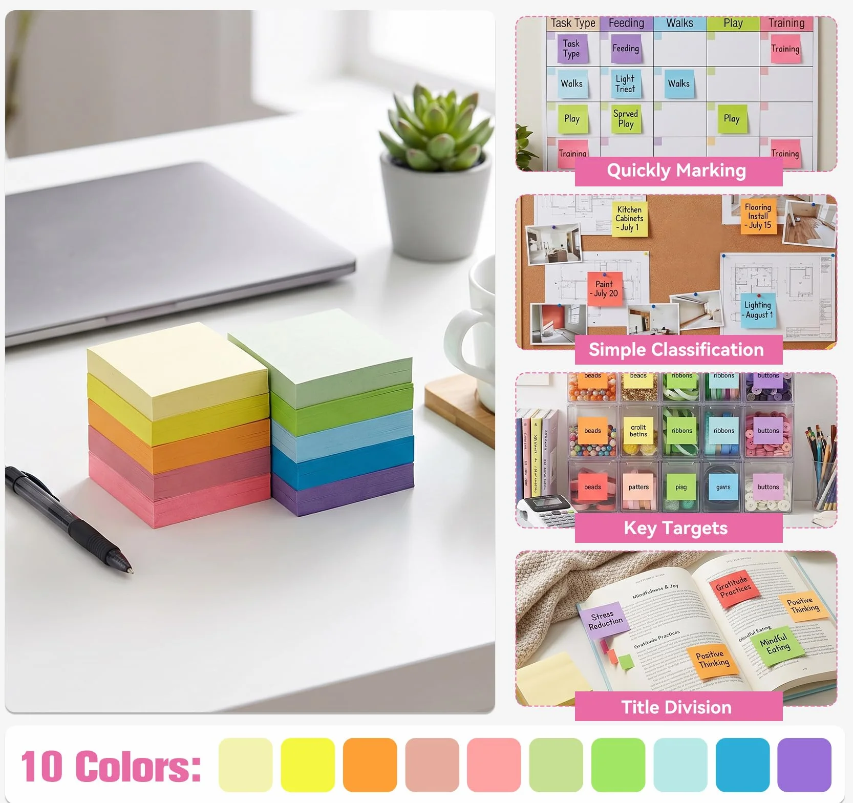 Agoer 1000 Feuillets Notes Sticky Notes 10 Couleurs Vives 76 x 76 mm Super Sticky Notes Autocollantes