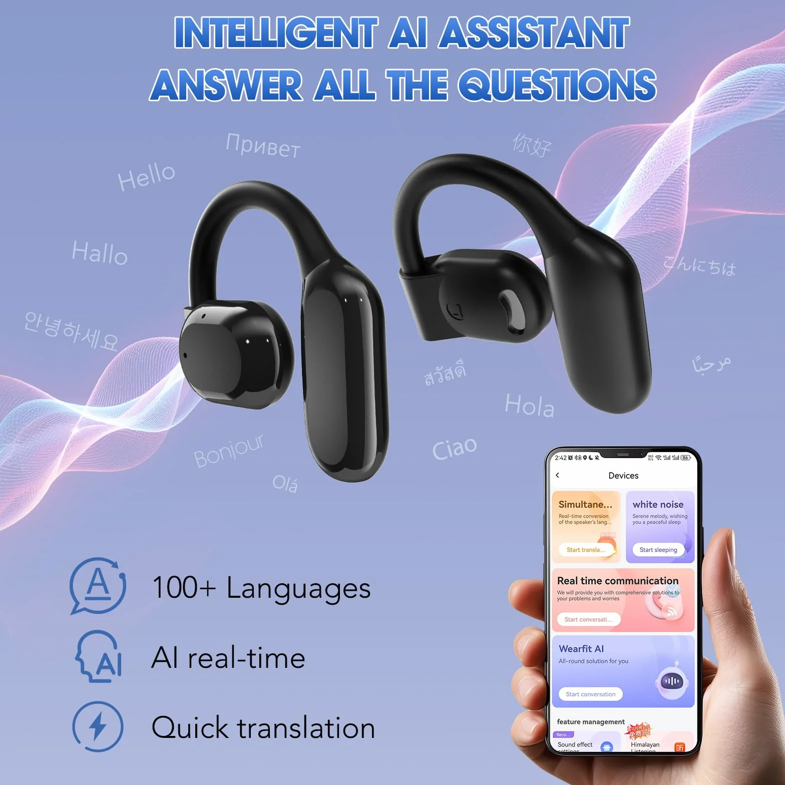 Écouteurs de Traduction Ouverts AI Traducteur Vocal Instantané 138 Langues Bluetooth 5.4 Wearfit Pro 9h Autonomie Noir