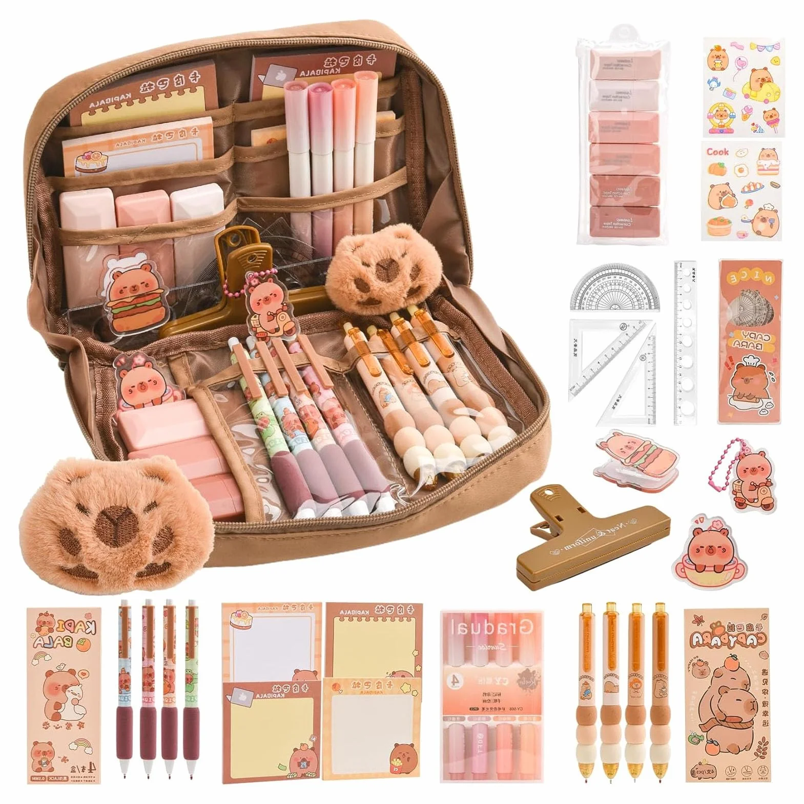 Kit de Fournitures Scolaires Capybara avec Trousse - Set Cadeau Mignon pour Écoliers - Orange