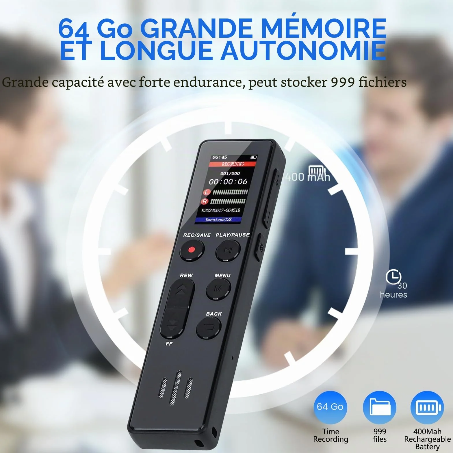 Enregistreur vocal numérique COVVY 64 Go portable avec lecture HD pour entretien cours réunion
