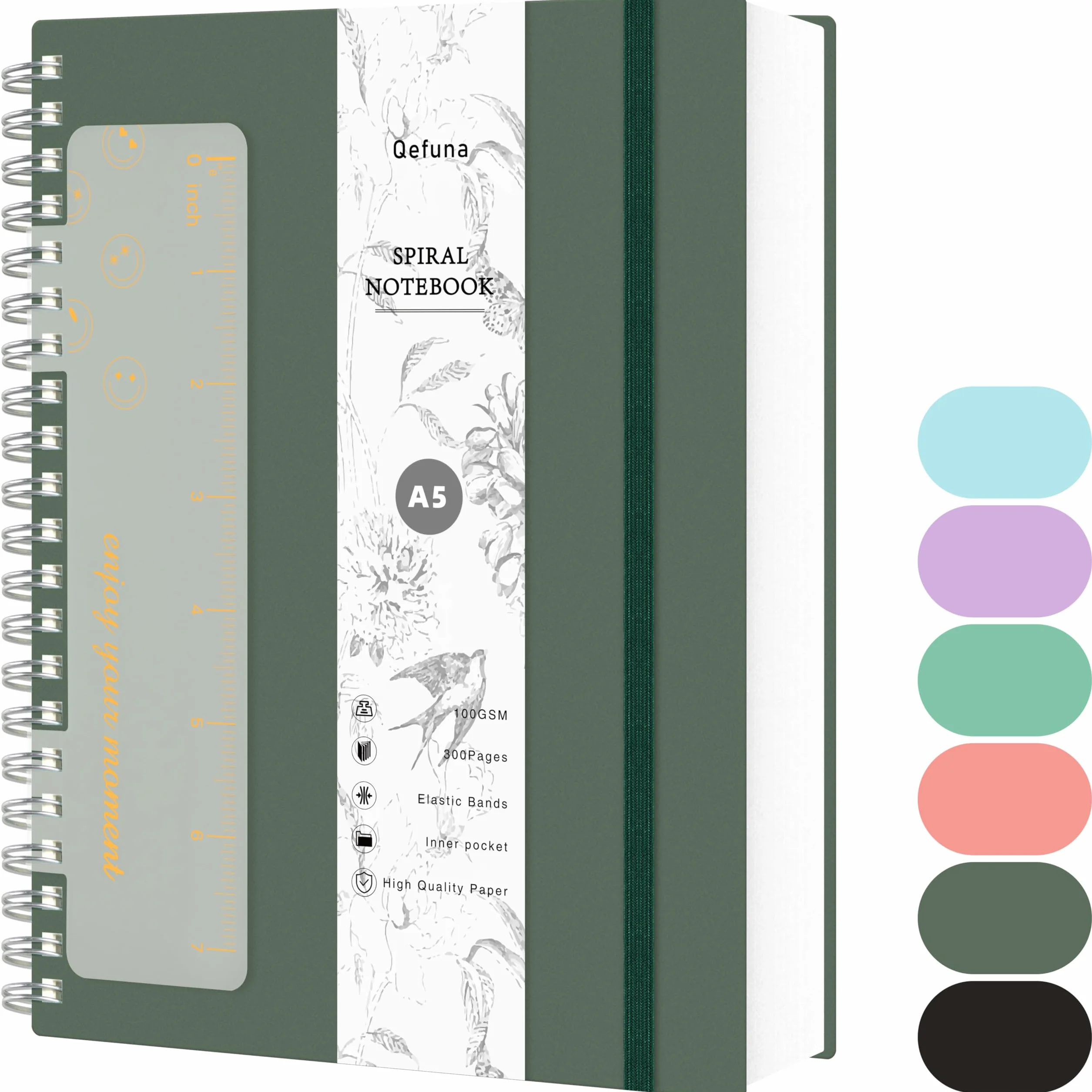 Carnet A5 Ligné 300 Pages Spirale Papier 100g/m² Couverture Rigide PVC 14,5 x 21 cm Vert