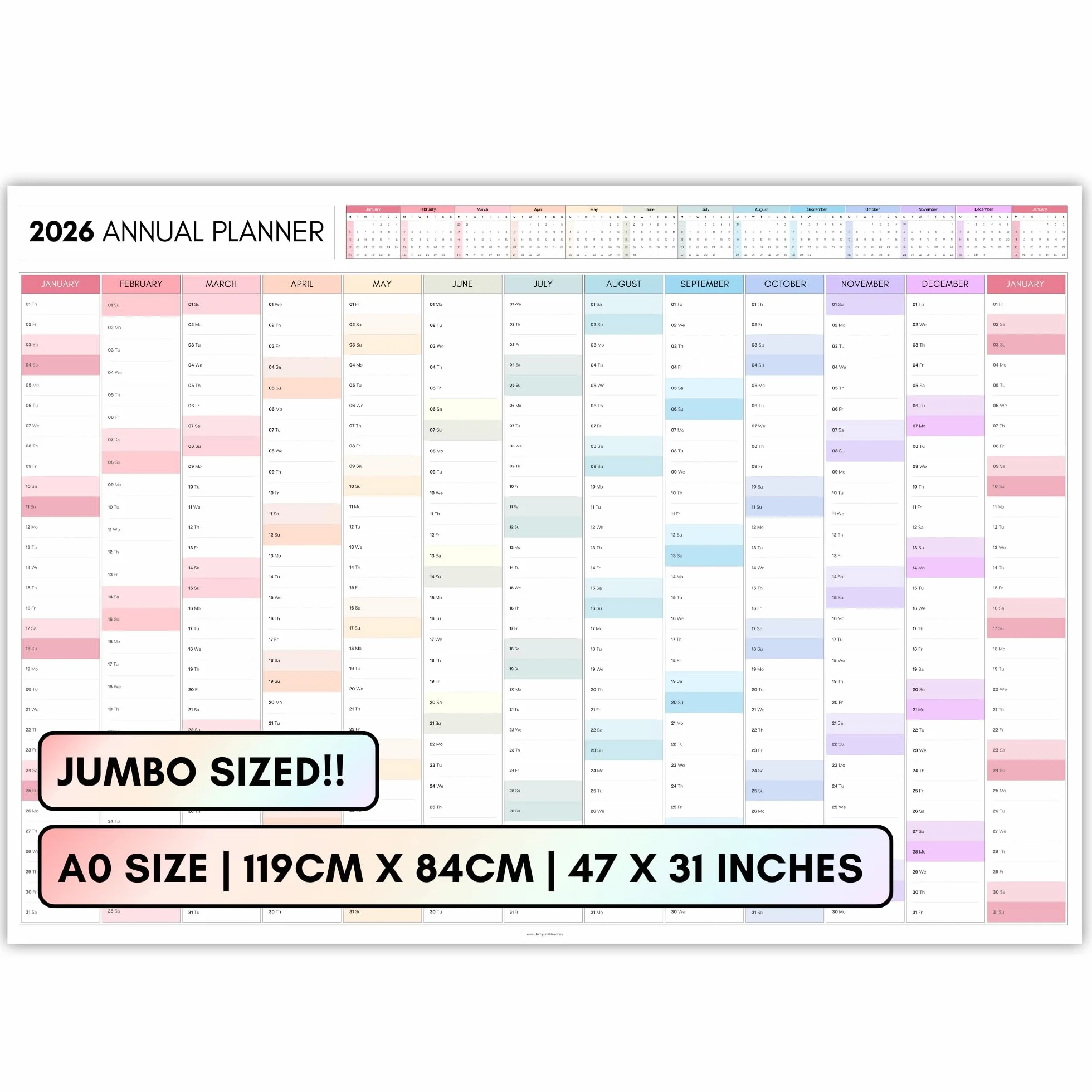 Planificateur mural mensuel géant 2026 A0 119 x 84 cm double face calendrier annuel organiseur bureau école