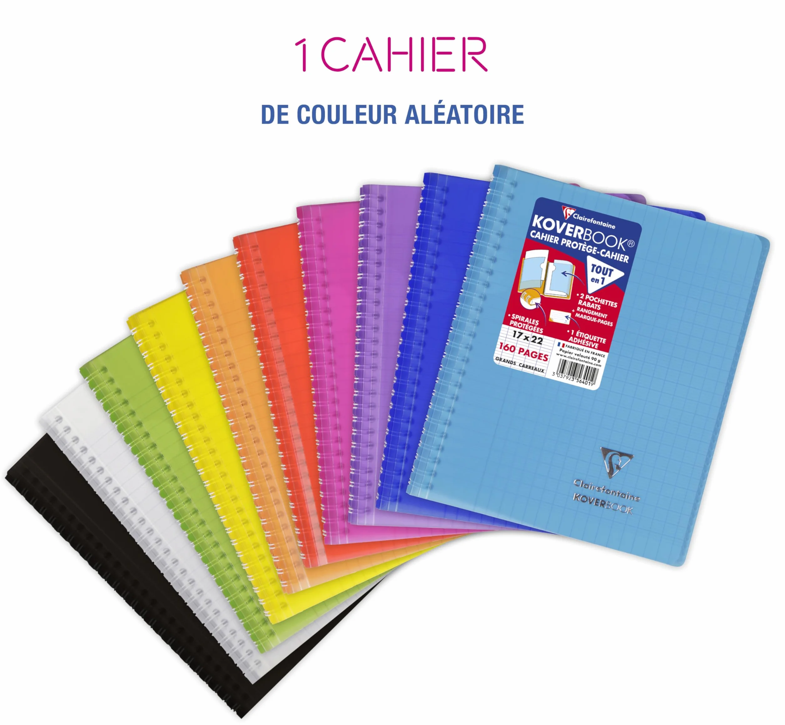 Clairefontaine Cahier à Spirale Koverbook 17x22 cm 160 Pages Grands Carreaux Papier Blanc 90 g