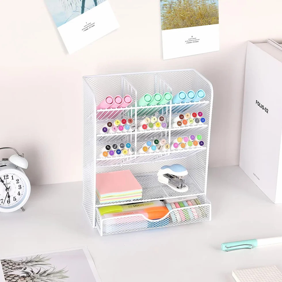 Pen Holder Desk Organizer with 10 Compartments and 1 Drawer White