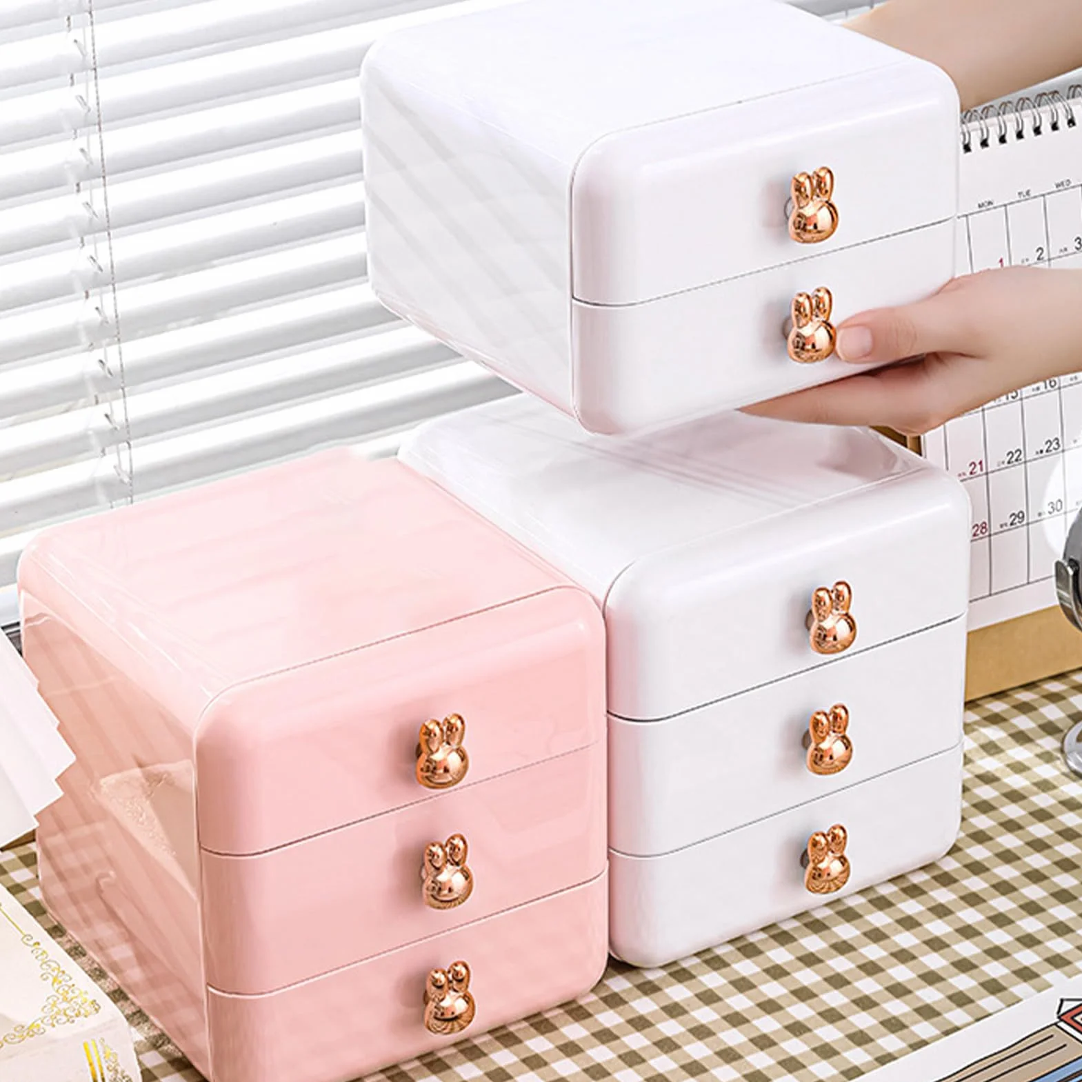 Boîte de Rangement à Tiroir Plastique 3 Couches Rose pour Bureau