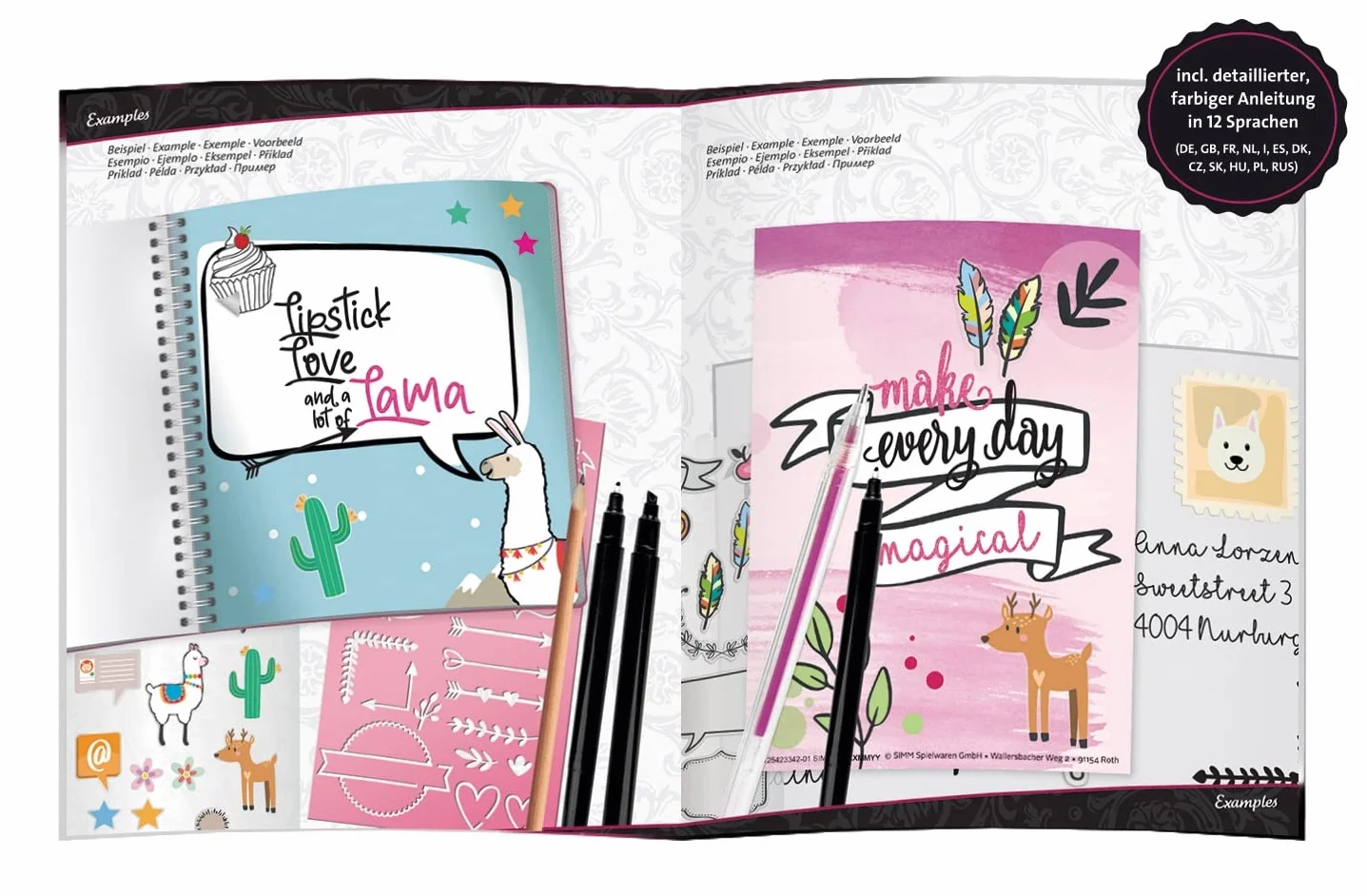 LENA Handlettering Kit de départ Set de Peinture avec carnet à Anneaux, 4 pochoirs de Lettres, 4 Crayons, 4 Feuilles d'autocollants, 4 Cartes Postales, 8 Ans