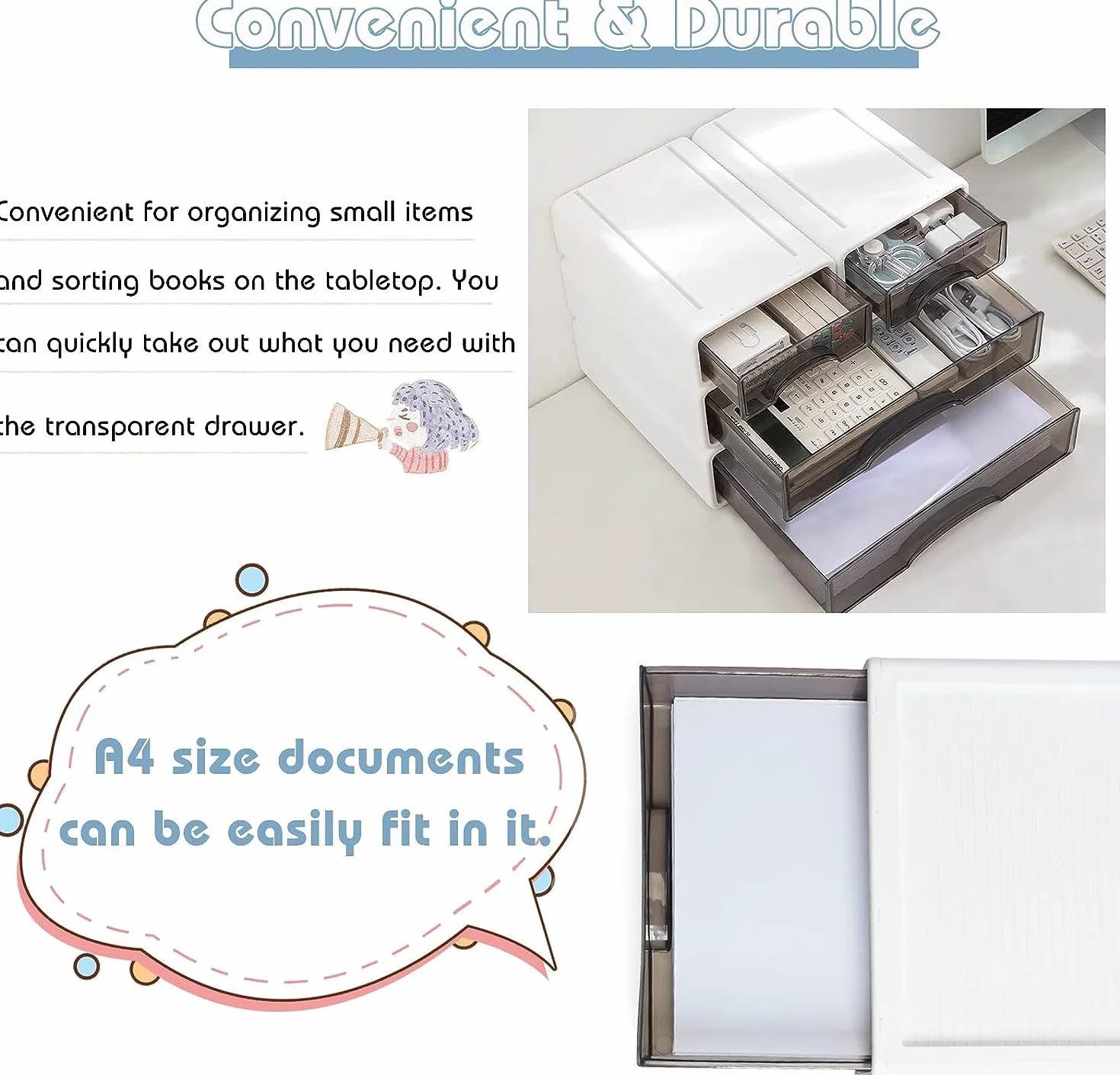 Lot de 4 organiseurs de bureau empilables - Boîte de rangement pour tiroir stylos agrafeuse notes adhésives A4