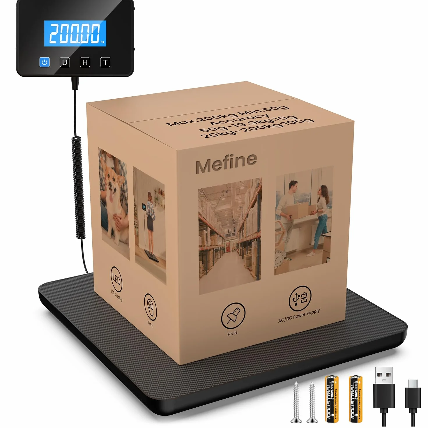 Balance Colis Pese Personne 200kg, Balance Professionnelle de Precision avec Fonction Maintien & Tare, Pese Colis et Bagages avec Écran LCD Mural, Secteur ou Batterie