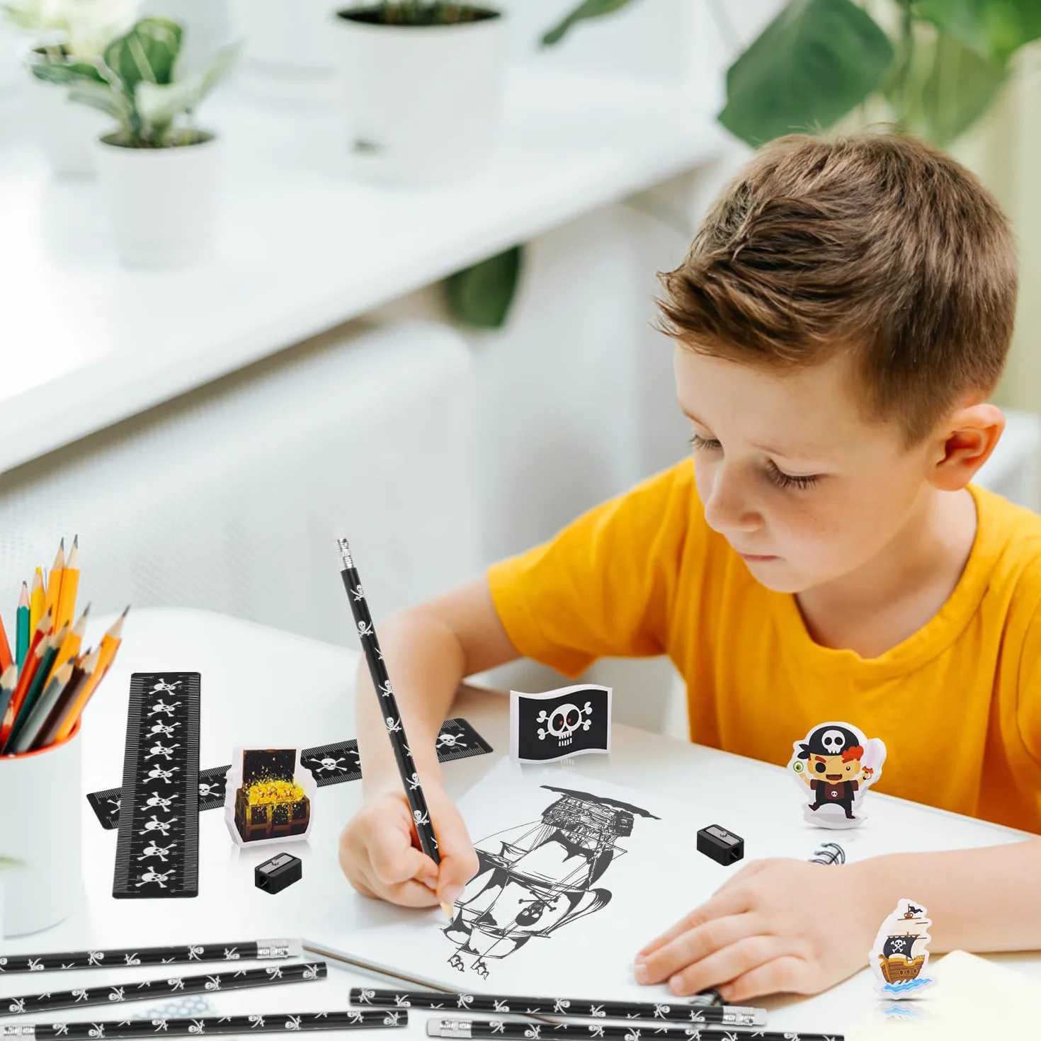 Kit d'écriture scolaire pirate avec crayons, gomme, règle, taille-crayon, lot de 14