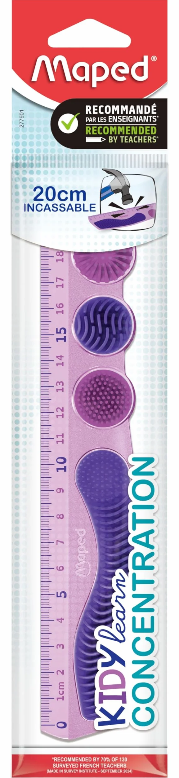 Maped Règle 20cm Kidy Learn Concentration Violette PET Incassable Zones Tactiles Grip Graduation Contrastée