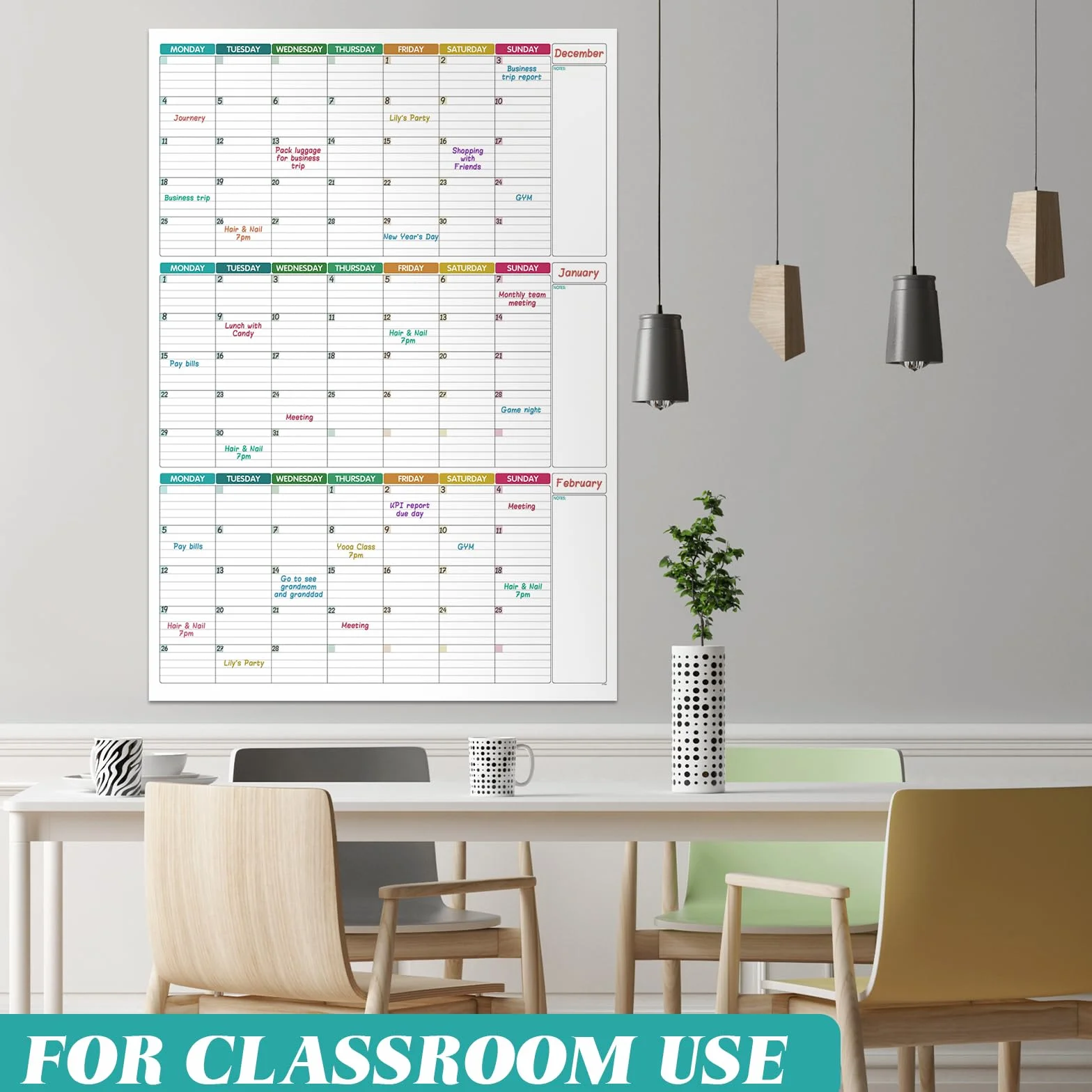 Grand calendrier mural non daté 101 x 73 cm – Planificateur trois mois effaçable à sec réutilisable, affiche plastifiée géante organisateur d'objectifs et tâches