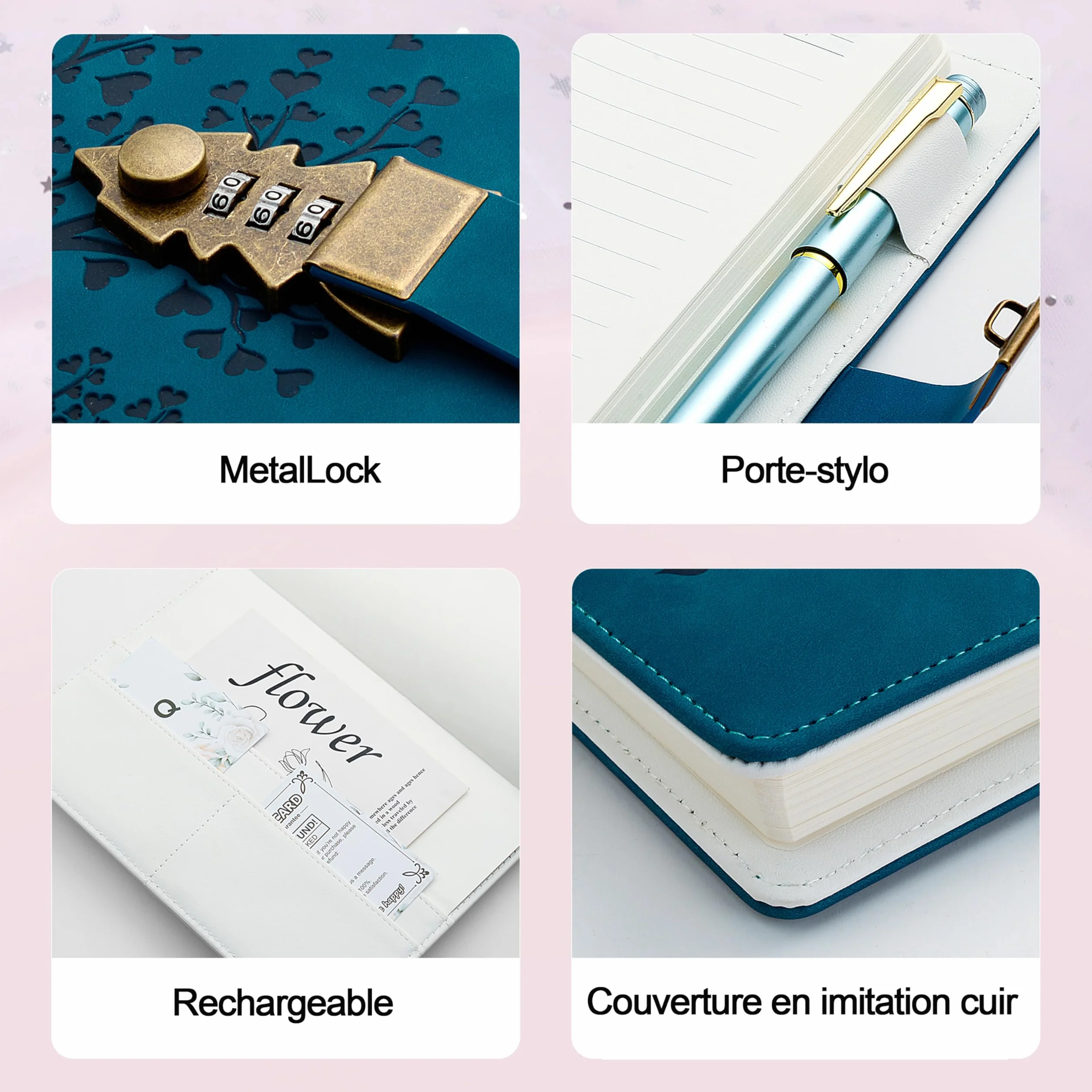 Carnet cuir PU A5 244 pages serrure combinaison motif arbre cœur bleu paon