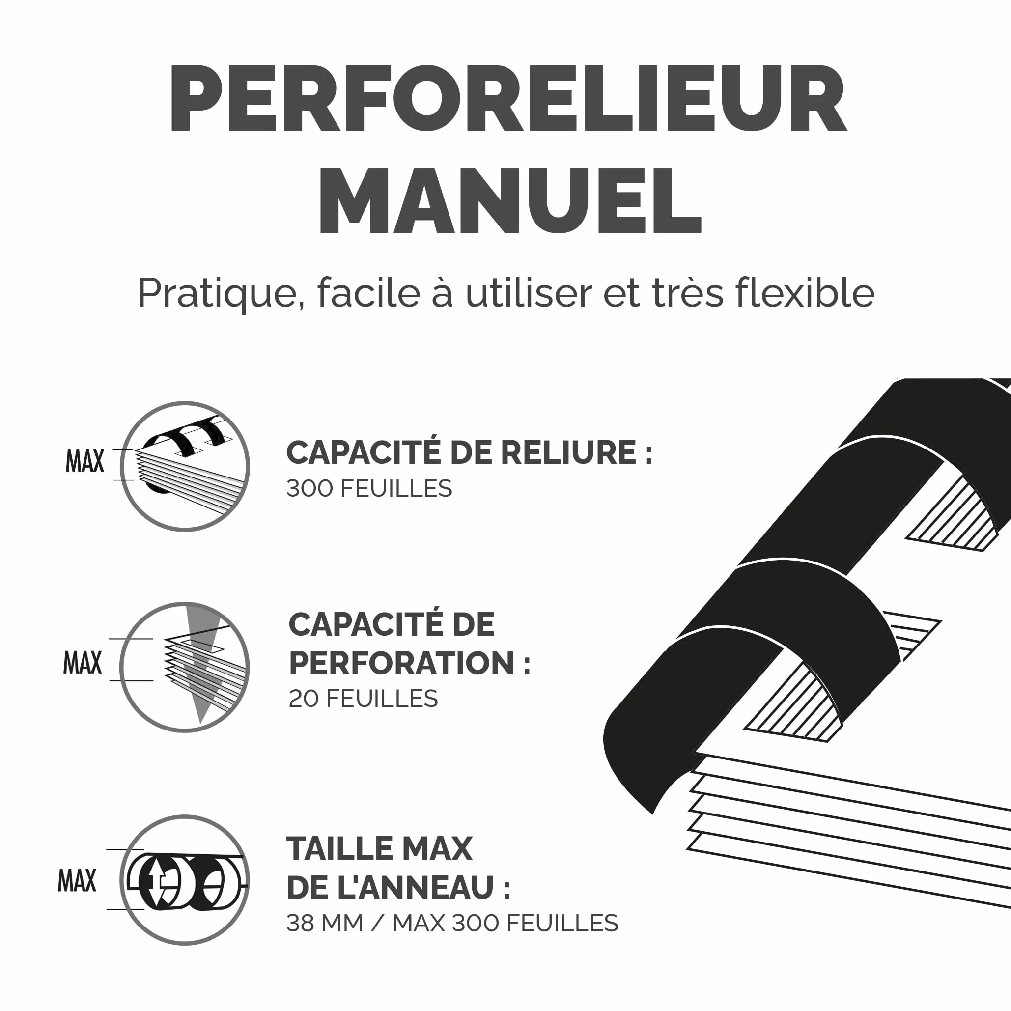 Fellowes Pulsar+ Perfore 20 feuilles A4 Relieuse manuelle à anneaux plastique 300 feuilles 10 couvertures
