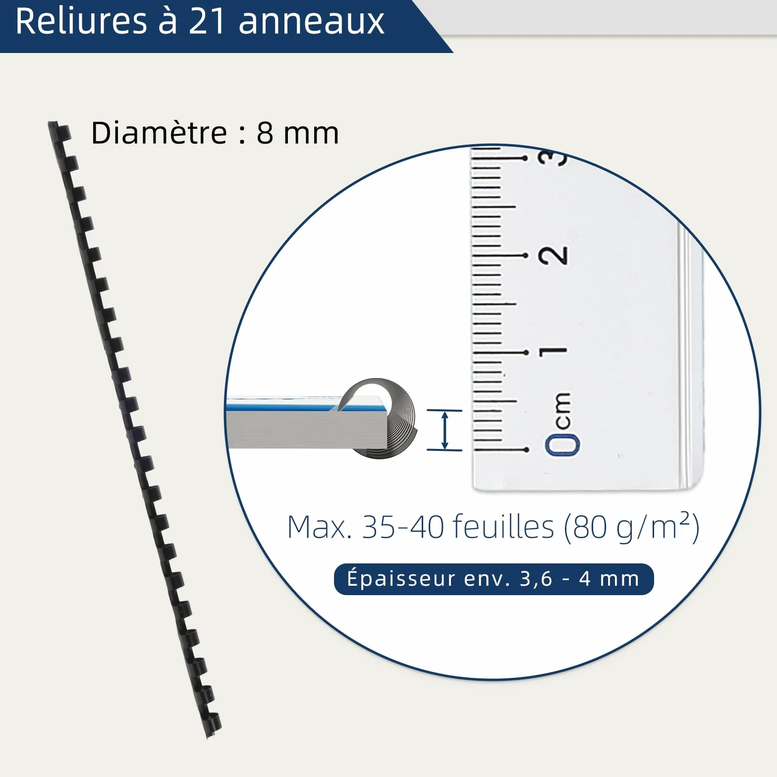RAYSON Peignes de Reliure Plastique 8mm 40 Feuilles 21 Anneaux Noir 100 Pièces