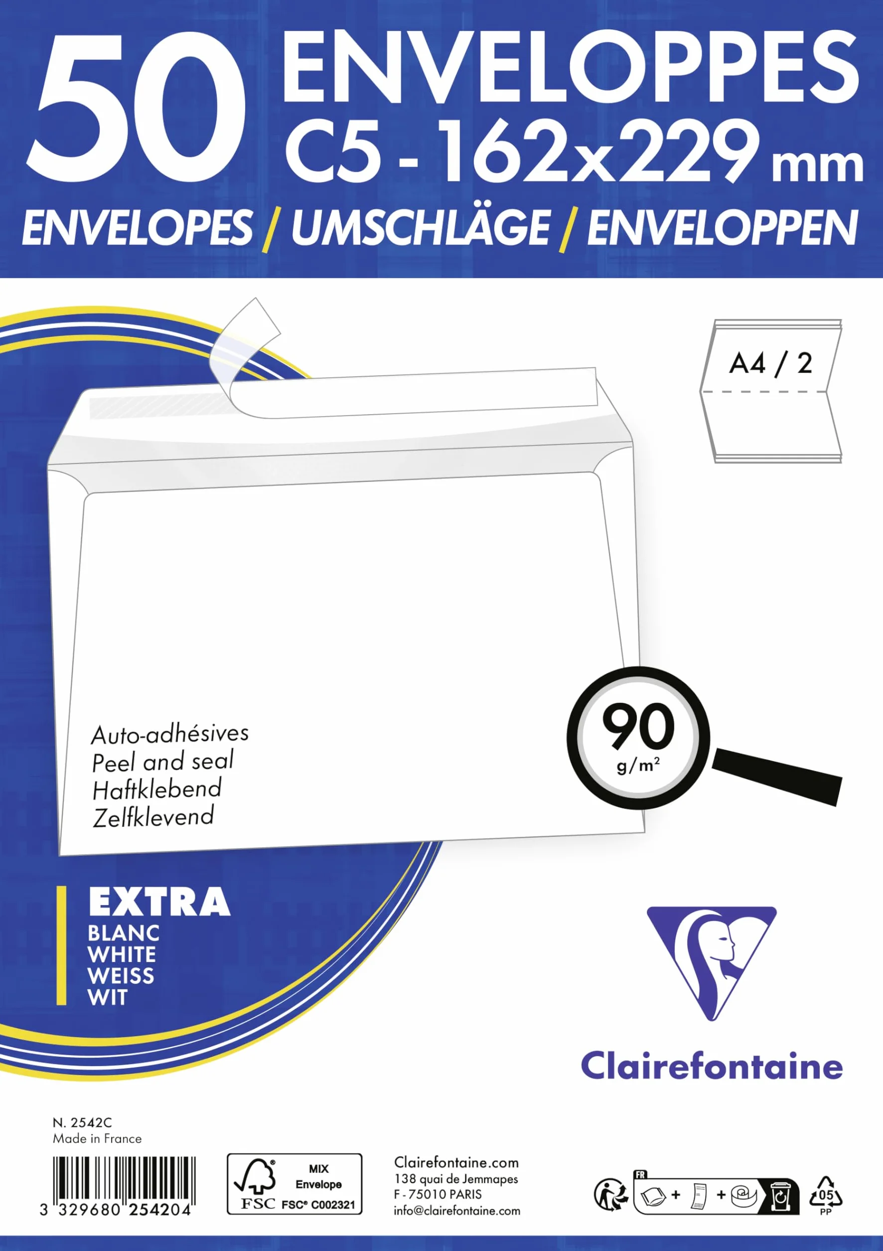 Clairefontaine 2542C Enveloppes C5 162x229mm Auto-Adhésives 90g/m² Paquet de 50