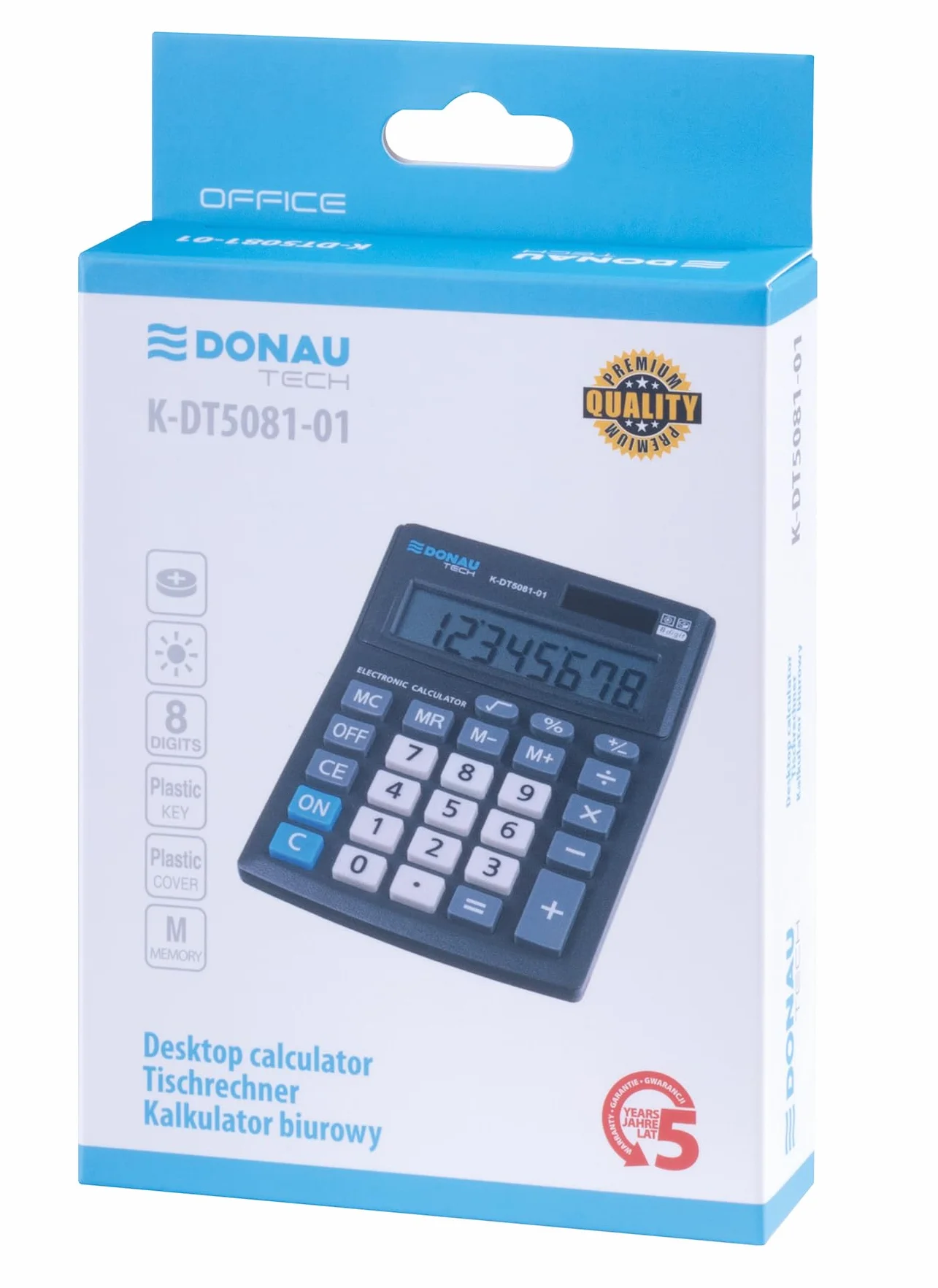 Calculatrice de Bureau Donau Tech K-DT5081-01 8 Chiffres Double Alimentation Solaire Noir 137x101x30 mm