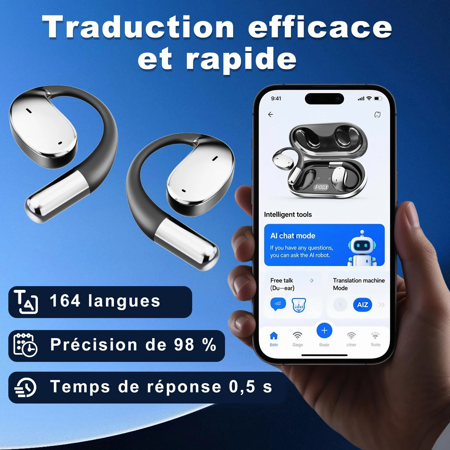 AI Ecouteur Traducteur Vocal Instantané 60H Bluetooth 5.4 Ecouteurs sans Fil Open Ear 164 Langues 3 en 1 Traduction Vocale