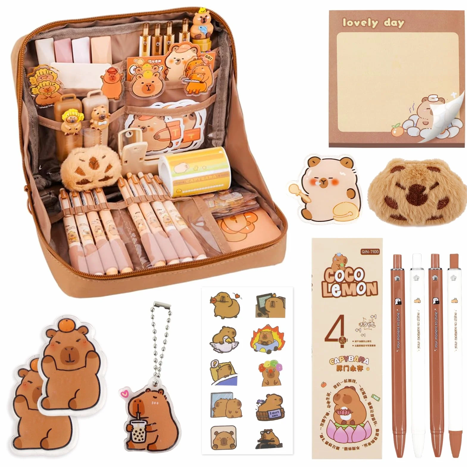 Set de Fournitures Scolaires Capybara - Trousse en Tissu, 10 Autocollants, Peluche, Badge, Porte-Clés, Bloc-Notes, 4 Stylos Gel & Clip