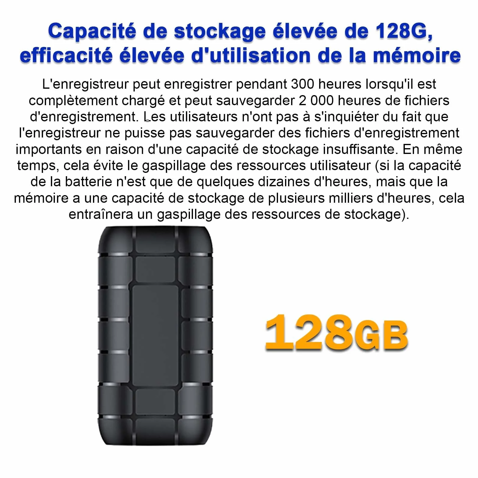 Enregistreur magnétique activé par la Voix 128G, Autonomie 12 Jours, 2000 Heures, Audio numérique