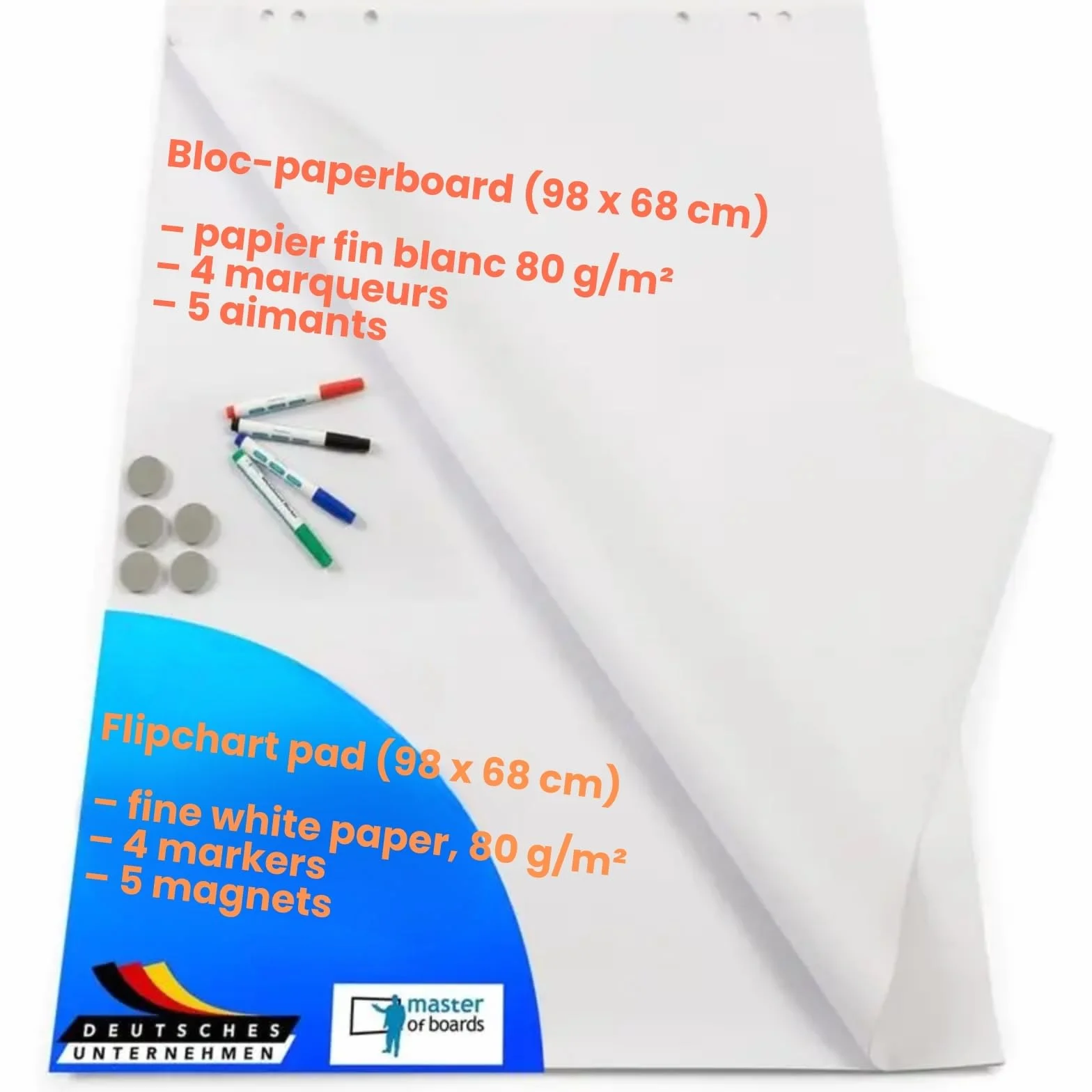 KARAT Ensemble d'accessoires pour chevalet de présentation - 20 Feuilles de Papier Vierge Fin Blanc 98 x 68 cm, 80 g/m², 4 marqueurs, 5 aimants