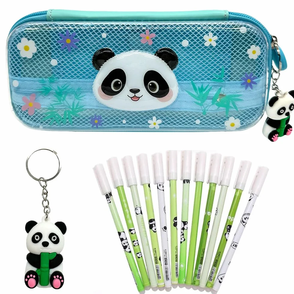 Panda Trousse à Crayons Sac de Papeterie 12 Stylo Gel Effaçable 1 Porte-clés Etanche