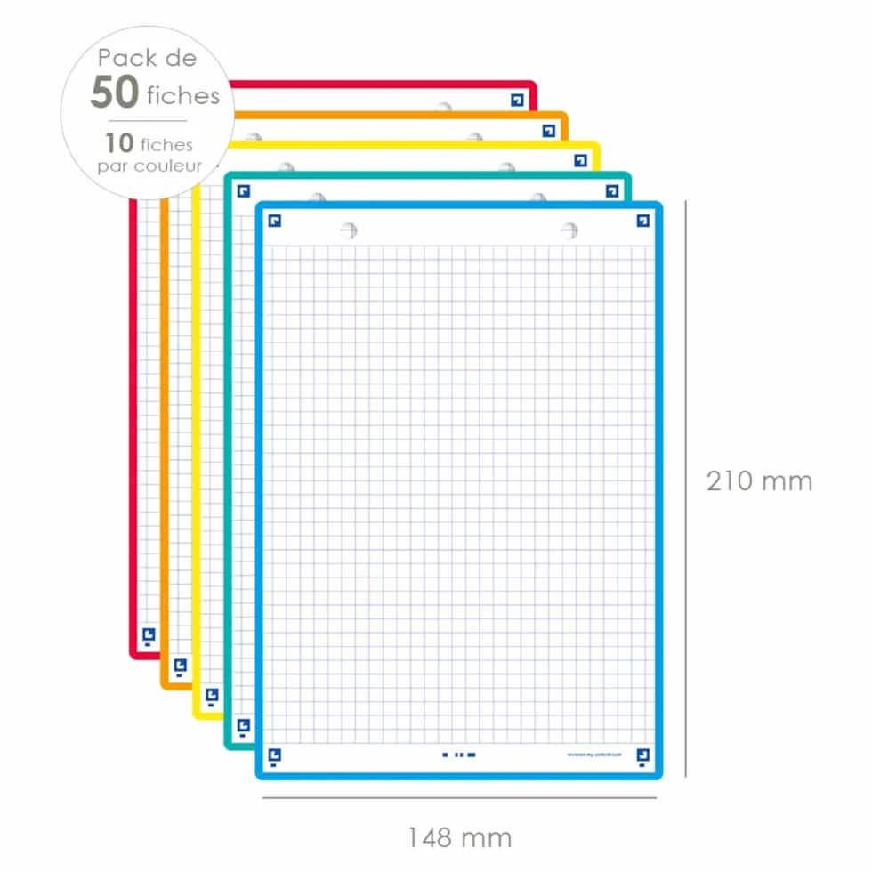 OXFORD Lot de 50 Fiches bristol A5 petits carreaux Recto/Verso Couleurs Assorties