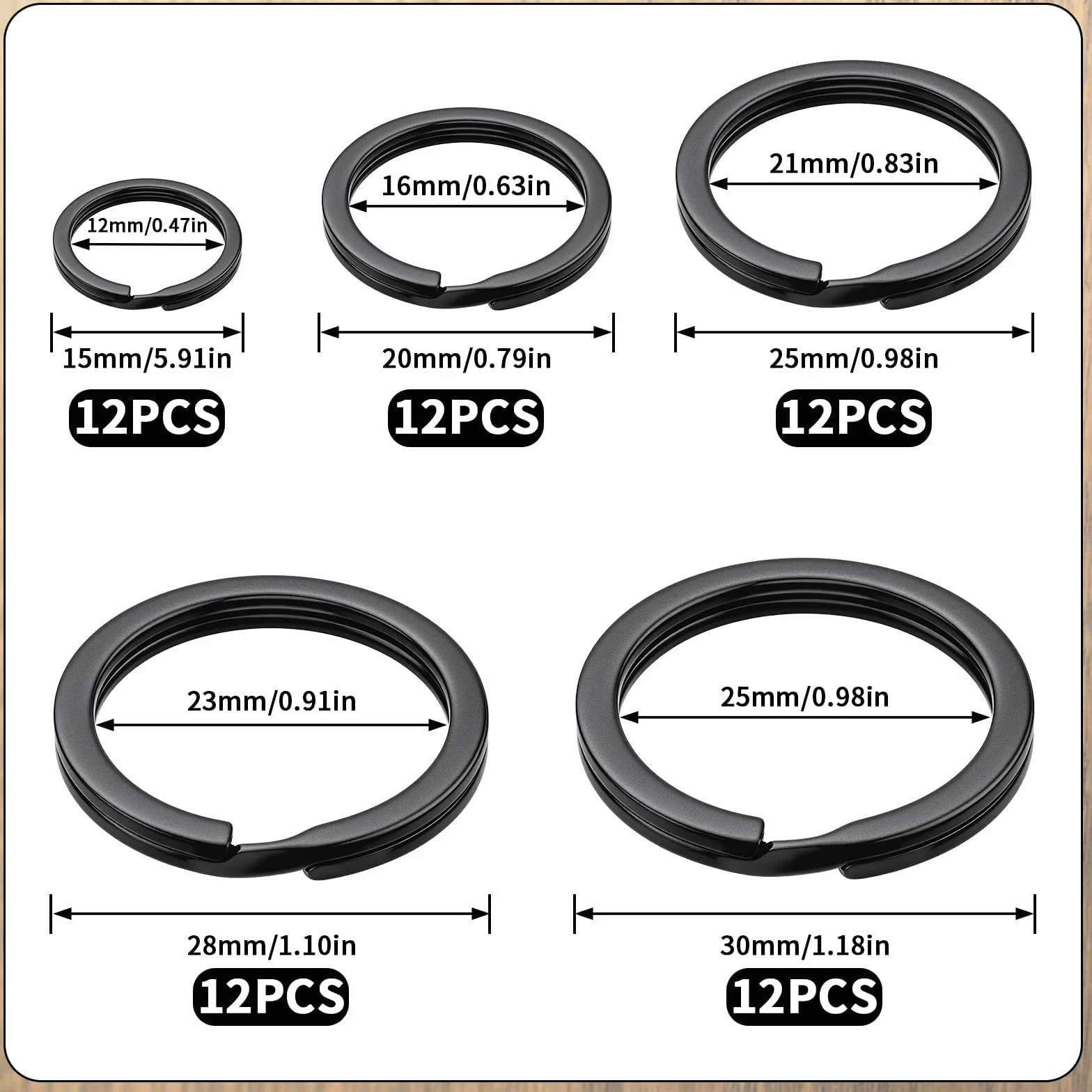 Anneau Porte-Clés 30mm 28mm 25mm 20mm 15mm 60 Pcs 5 Tailles Métal Noir